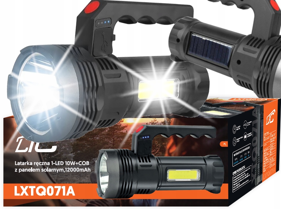 Latarka Ręczna Solarna Szperacz Aku 1200mAh Led Lekka I Mocna 10W 4 Tryby