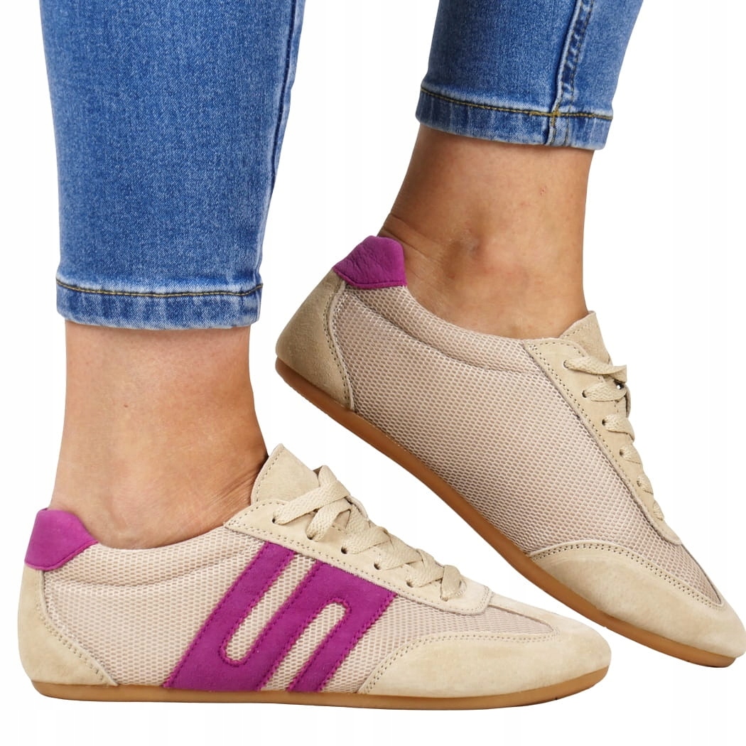Tenisky Sportovní Polobotky Béžové Fuchsiové Nízké Kožené Dámské Boty