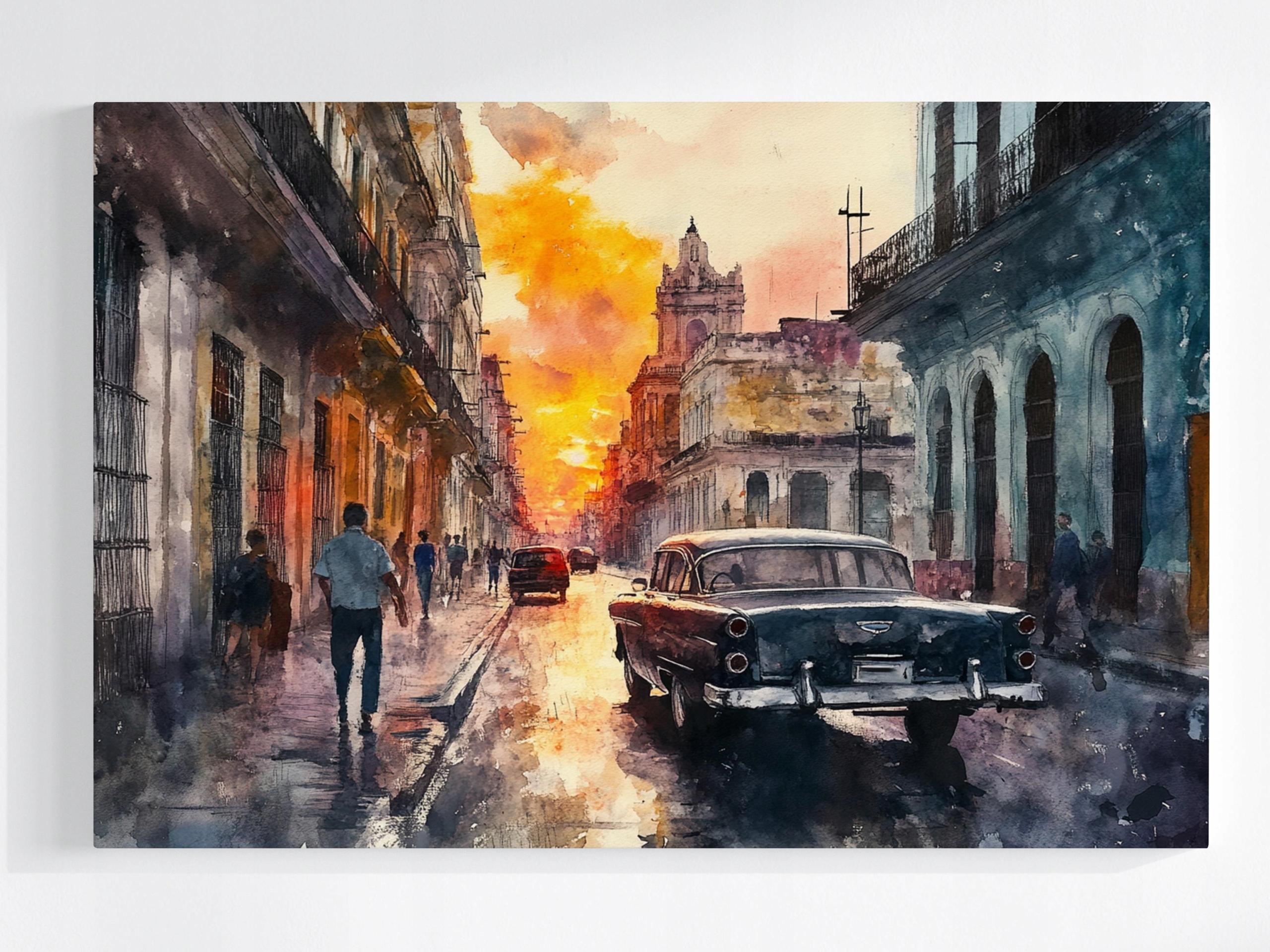 Obraz Na Plátně Canvas Havana Kuba Západ Slunce Auto Akvarel 120x80