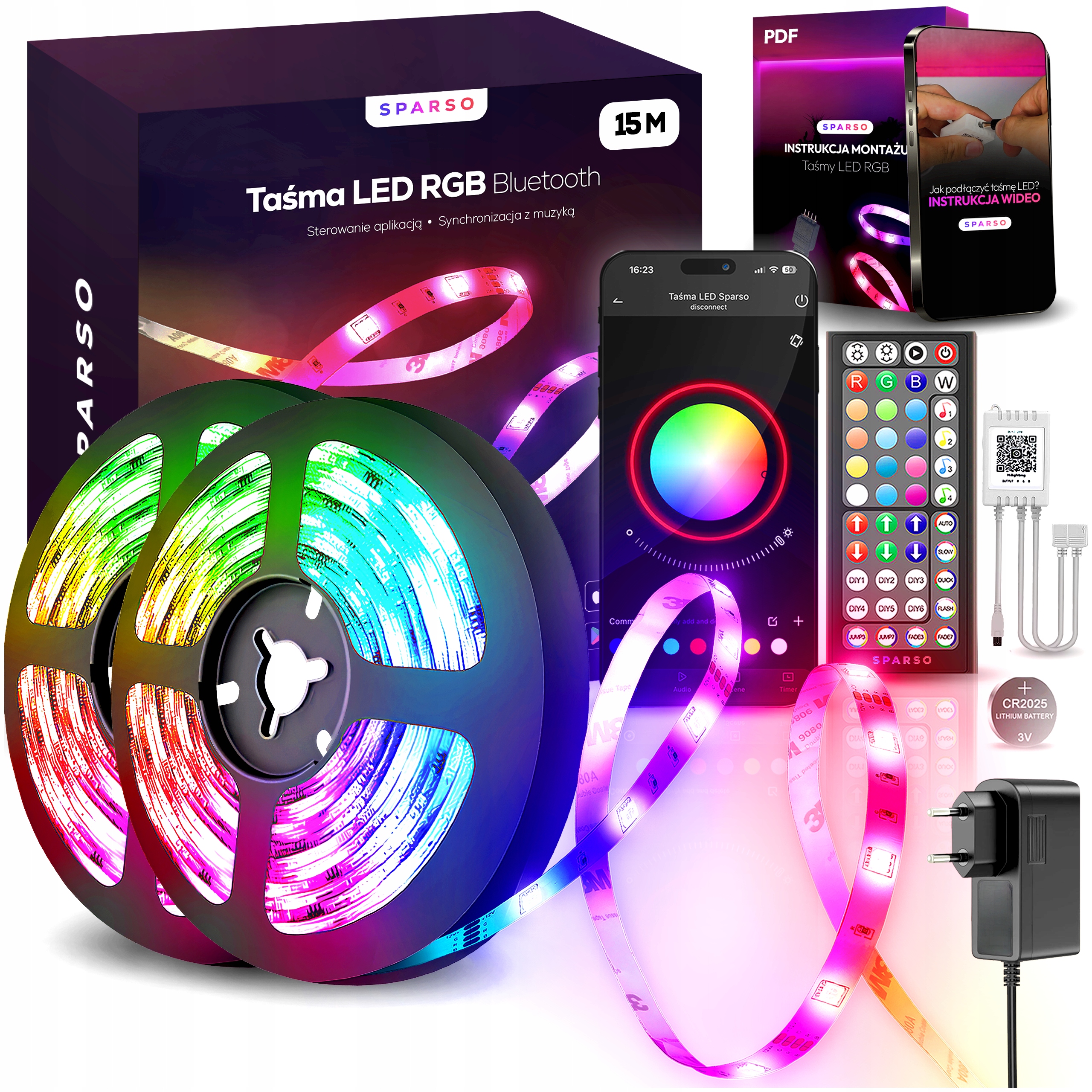 Taśma Led Rgb 15M Ledy 230V 12V z Pilotem Bardzo mocna Zestaw Aplikacja