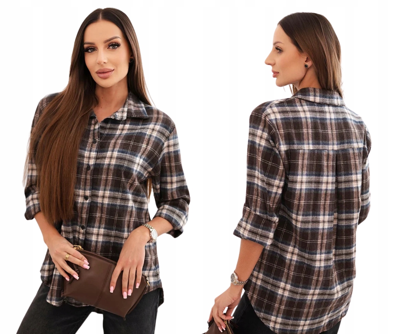 Hnědá dámská kostkovaná bavlněná košile s delší zadní částí