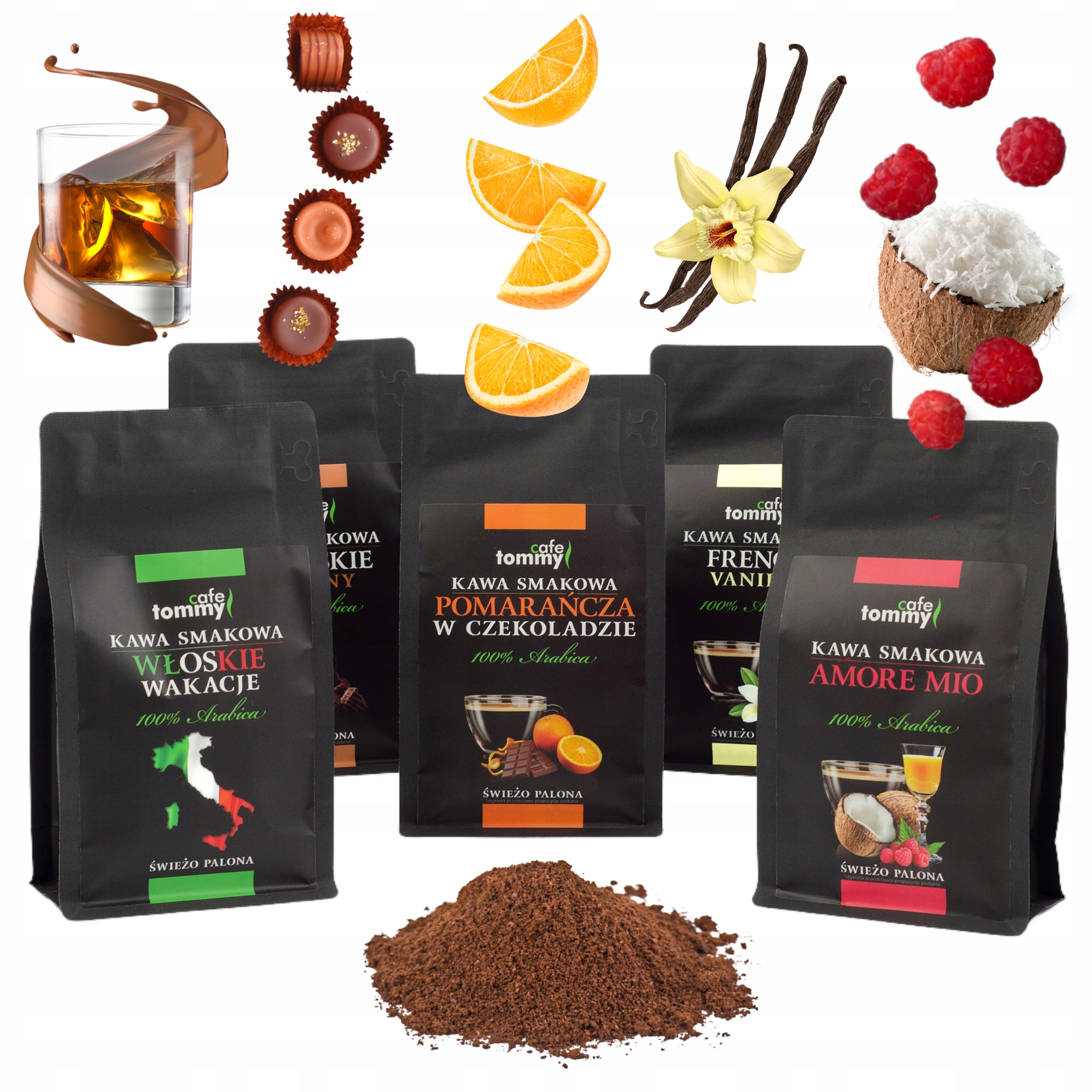 Levně Dárková sada mletá káva ochucené 5x150g Čerstvě Pražená Tommy Cafe