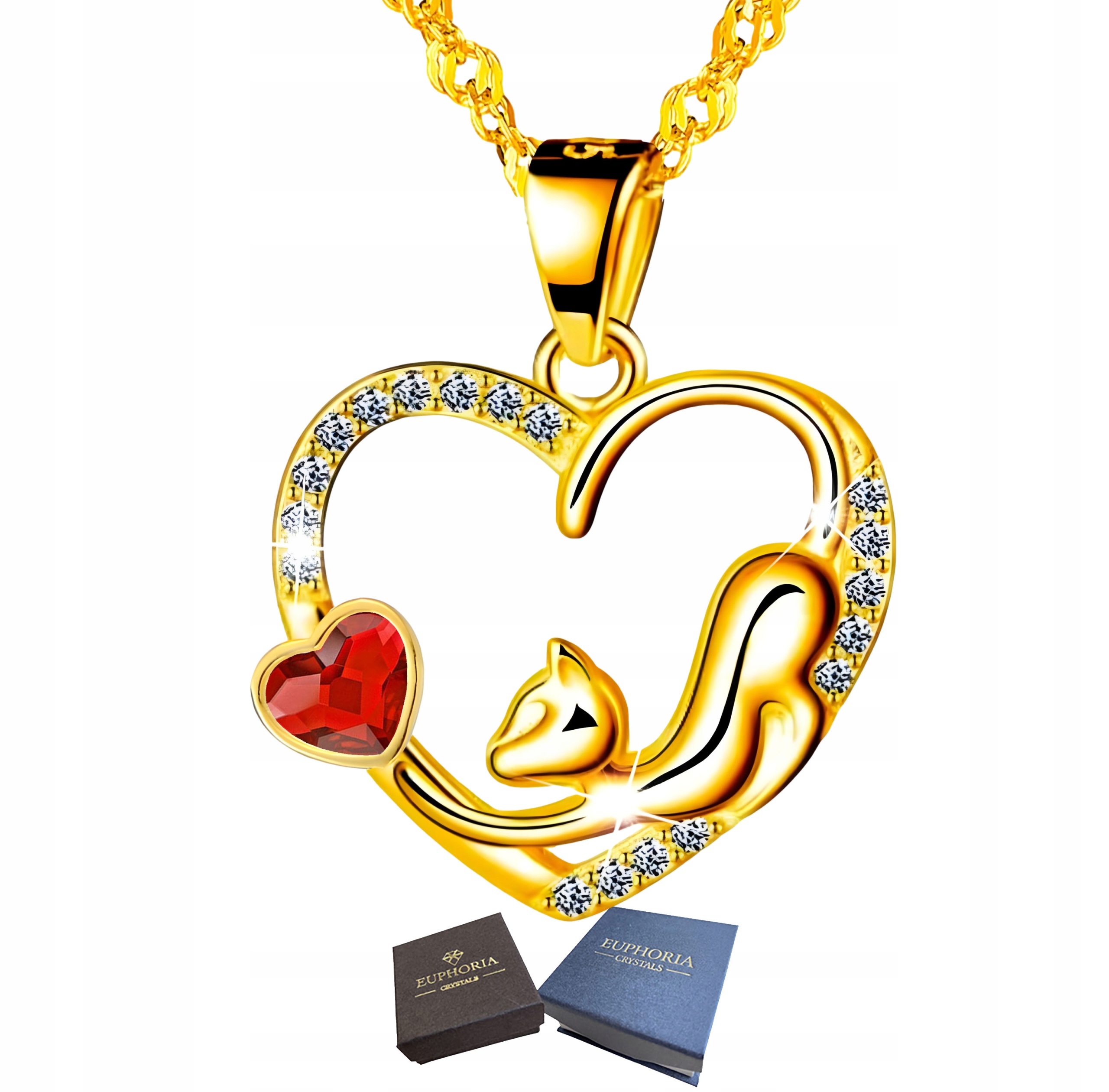 Zlatý náhrdelník Stříbro 925 Srdce s kočkou a zirkony pro ženu Dárek