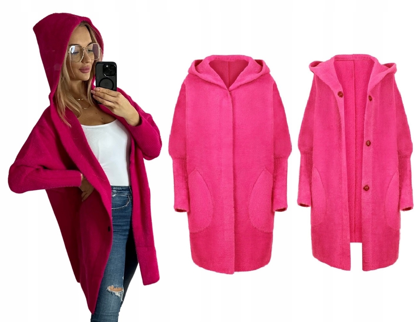 Svetr Alpaca Teplý Měkoučký Vlna Oversize Kapuce Fuchsiová