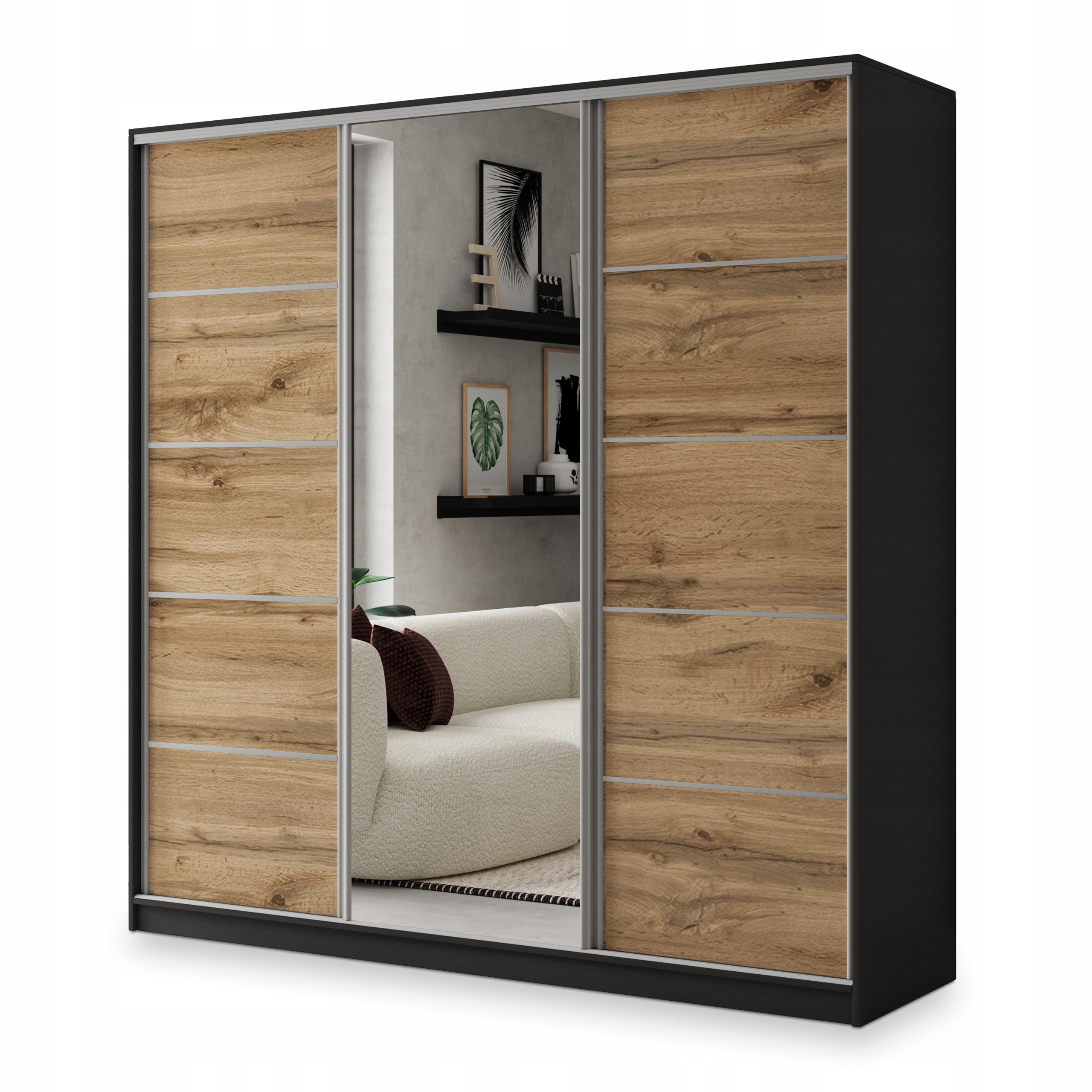 Skříň 180 cm Zrcadlo Zásuvky Třídveřová Černá Dub Wotan