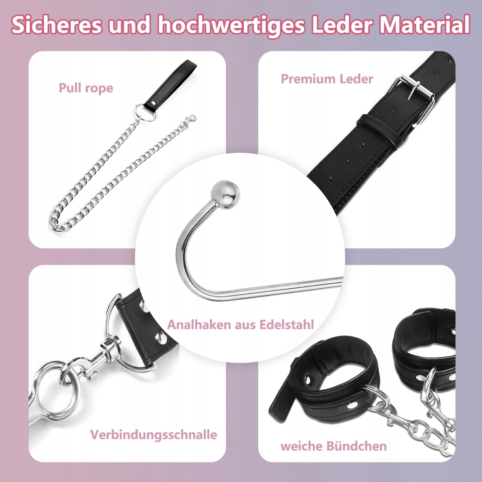 BDSM Zestaw Bondage Z Hakami Analnymi Kajdanki I Obroża Fetysz SM — miniatura 4