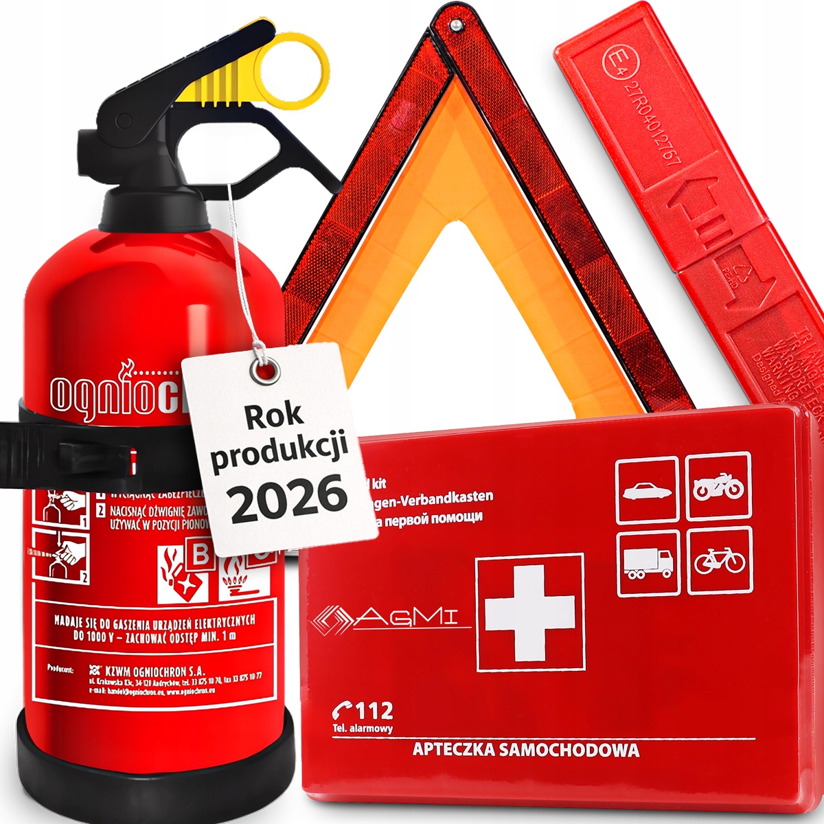 Zestaw Apteczka Samochodowa Gaśnica 1KG Z Uchwytem Wieszak Trójkąt Komplet