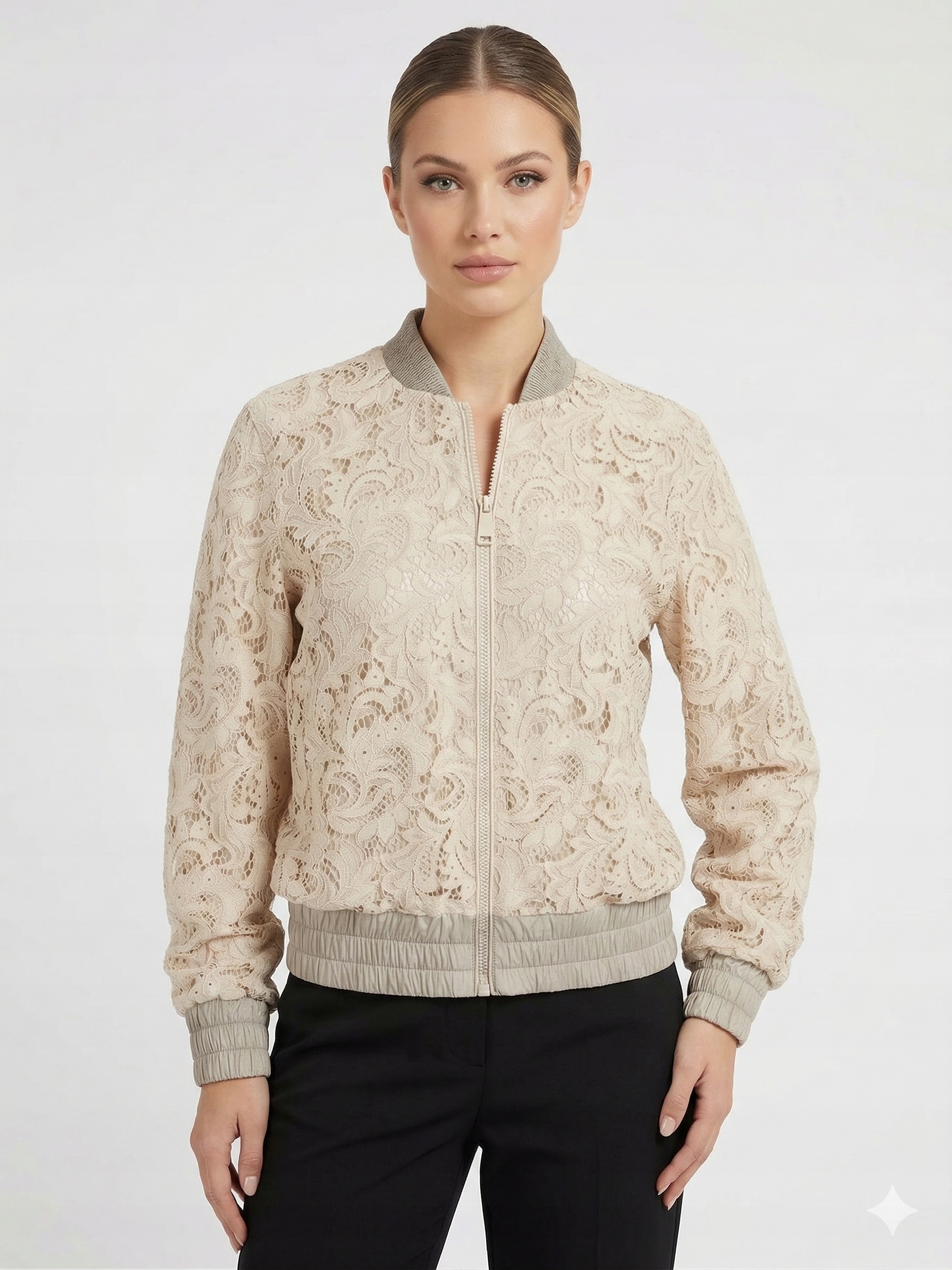 Guess Bunda Bomber Béžová Ažurová Na Zip S Dlouhým Rukávem Xs Gga
