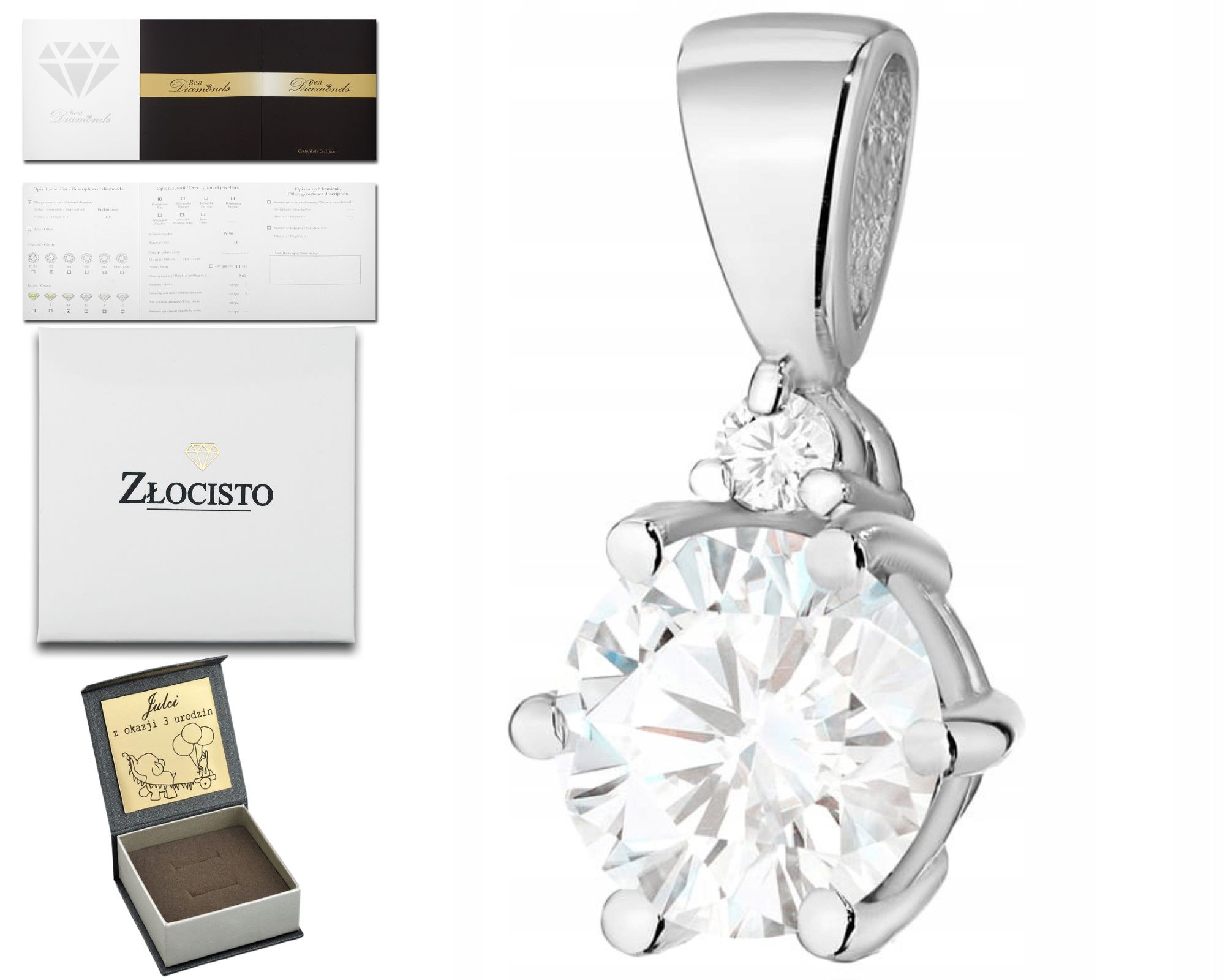 Bílý Zlatý Přívěsek S Přírodním Kamenem, Bílým Safírem A Diamantem