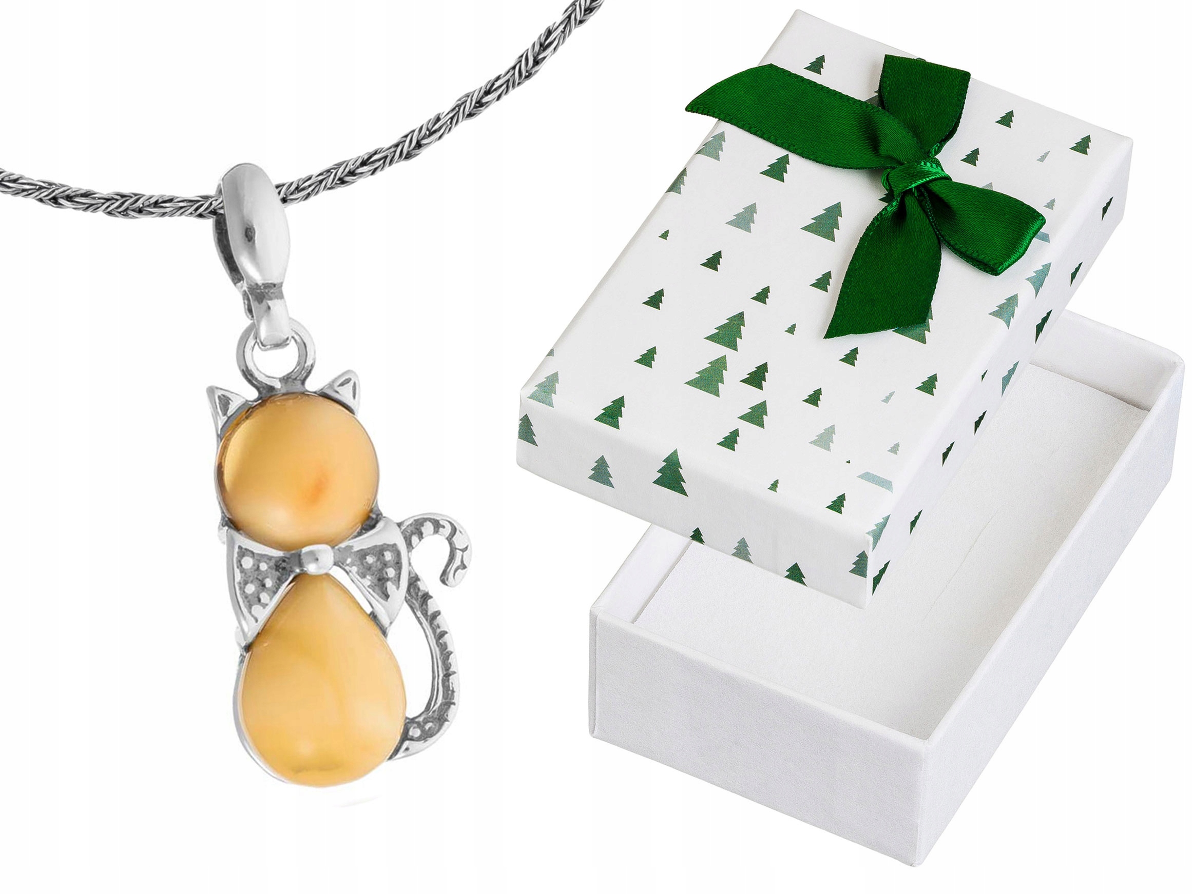 Krátký Stříbrný Dámský Náhrdelník Kočka s Mléčným Jantarem Koťátko Choker 32 cm