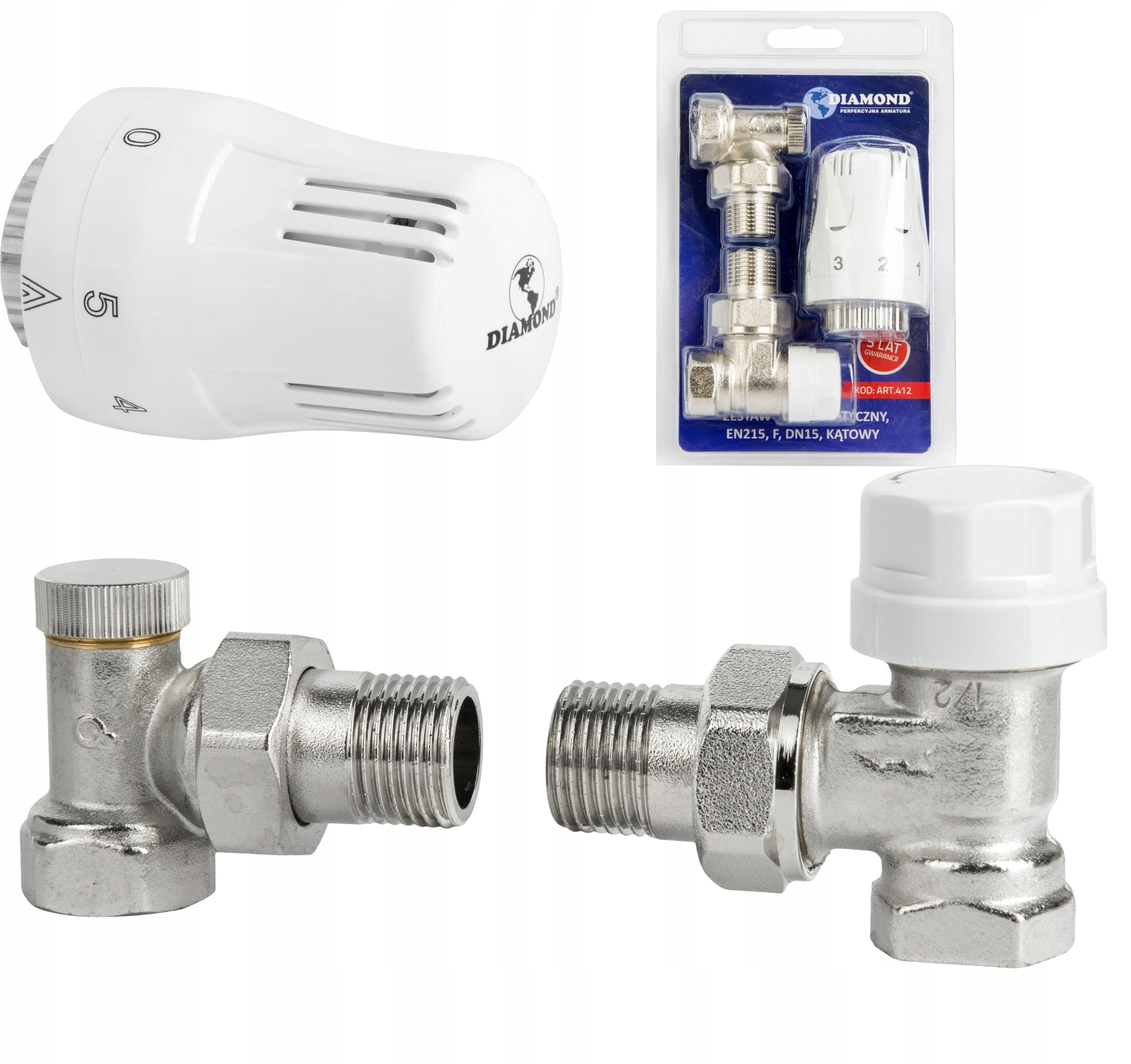 ZESTAW TERMOSTATYCZNY KĄTOWY ZAWÓR ZASILAJĄCY POWROTNY GŁOWICA DO GRZEJNIKA