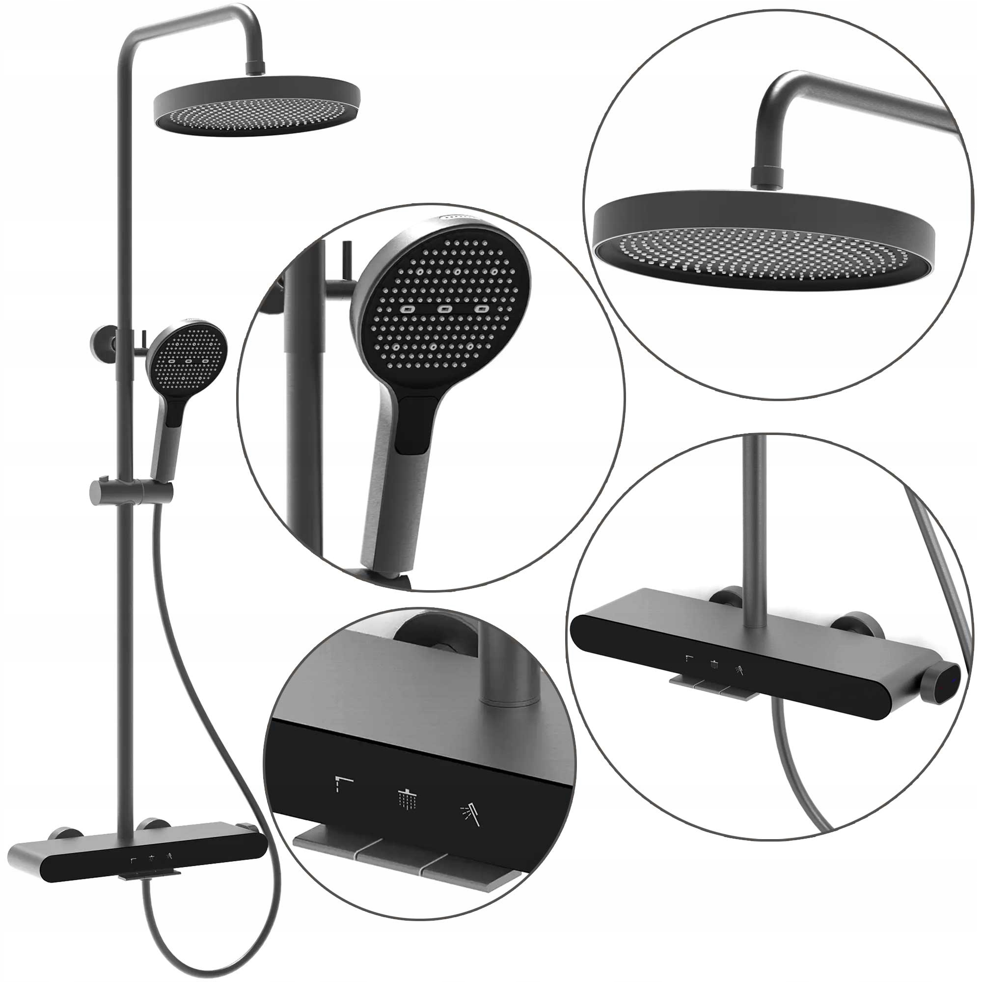 Sivý titánový sprchový set Rea Farel nástenný s dažďovou sprchou a výtokom