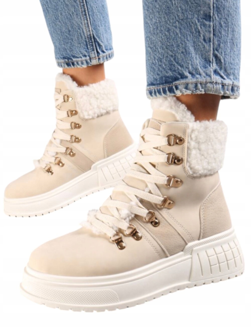 Dámské Kotníkové Boty na platformě Trapery s kožešinou Vysoké béžové 38