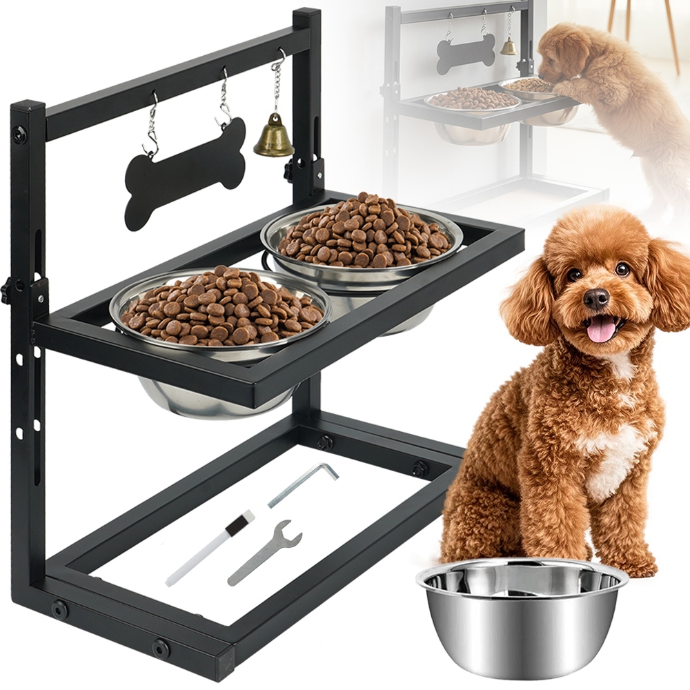 Levně Miska Pro Psa Dvojitá, Netekoucí, Kovová, Nastavitelná Na Stojanu 2V1 Nerez