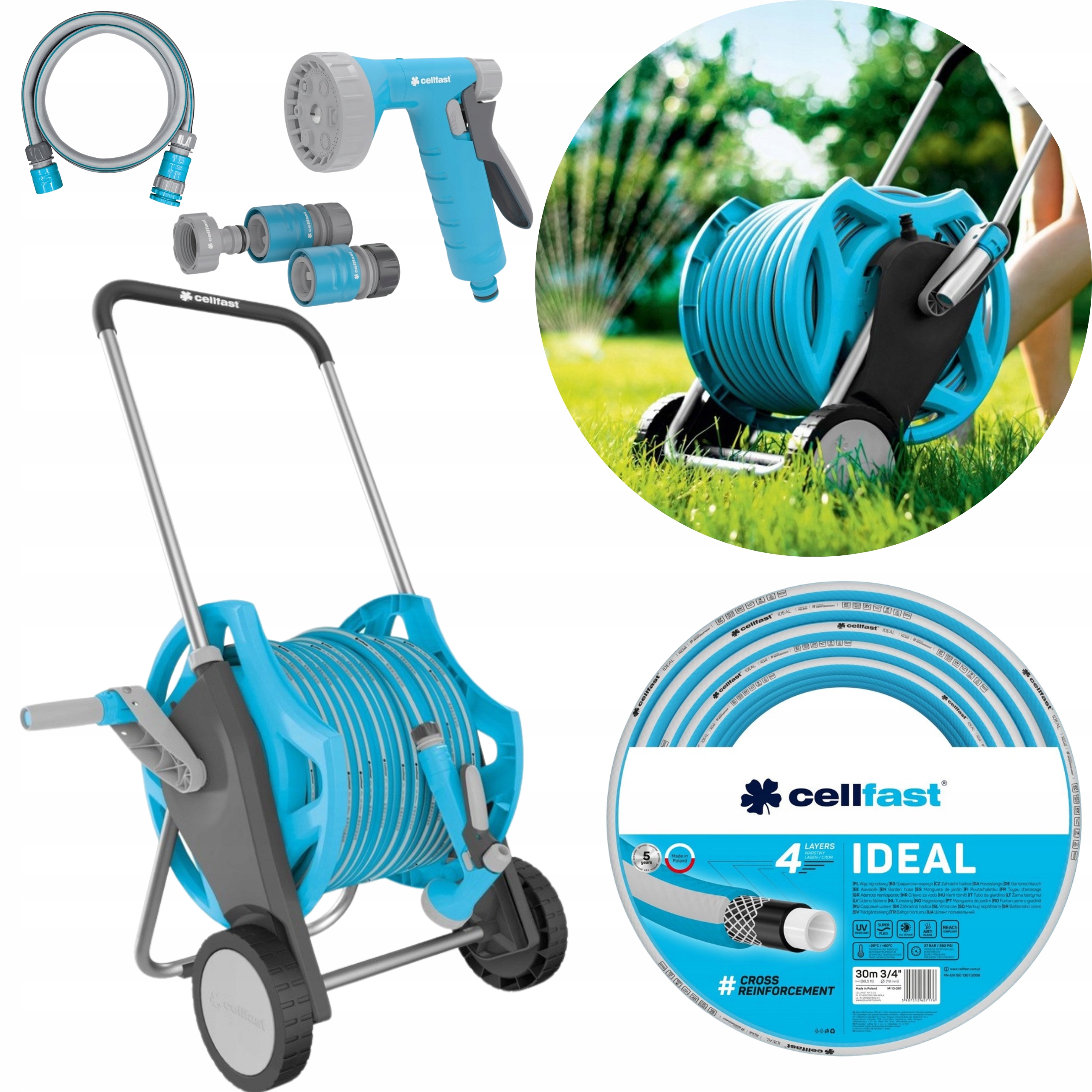 Zestaw Wąż Ogrodowy Na Wózku 30M Bęben Zwijacz Zraszacz Mocny Cellfast