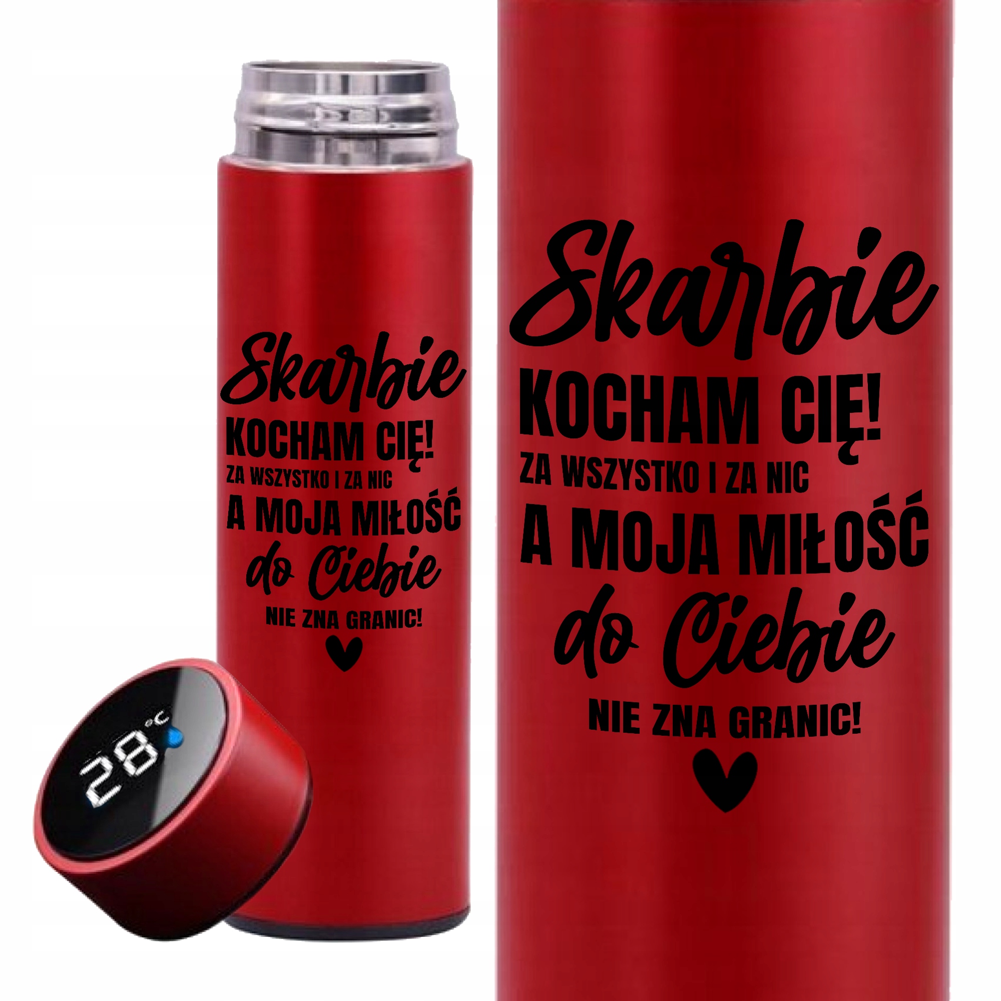 Kubek Termiczny Z Wyświetlaczem Led Z Grawerem Czerwony Skarbie Kocham Cię
