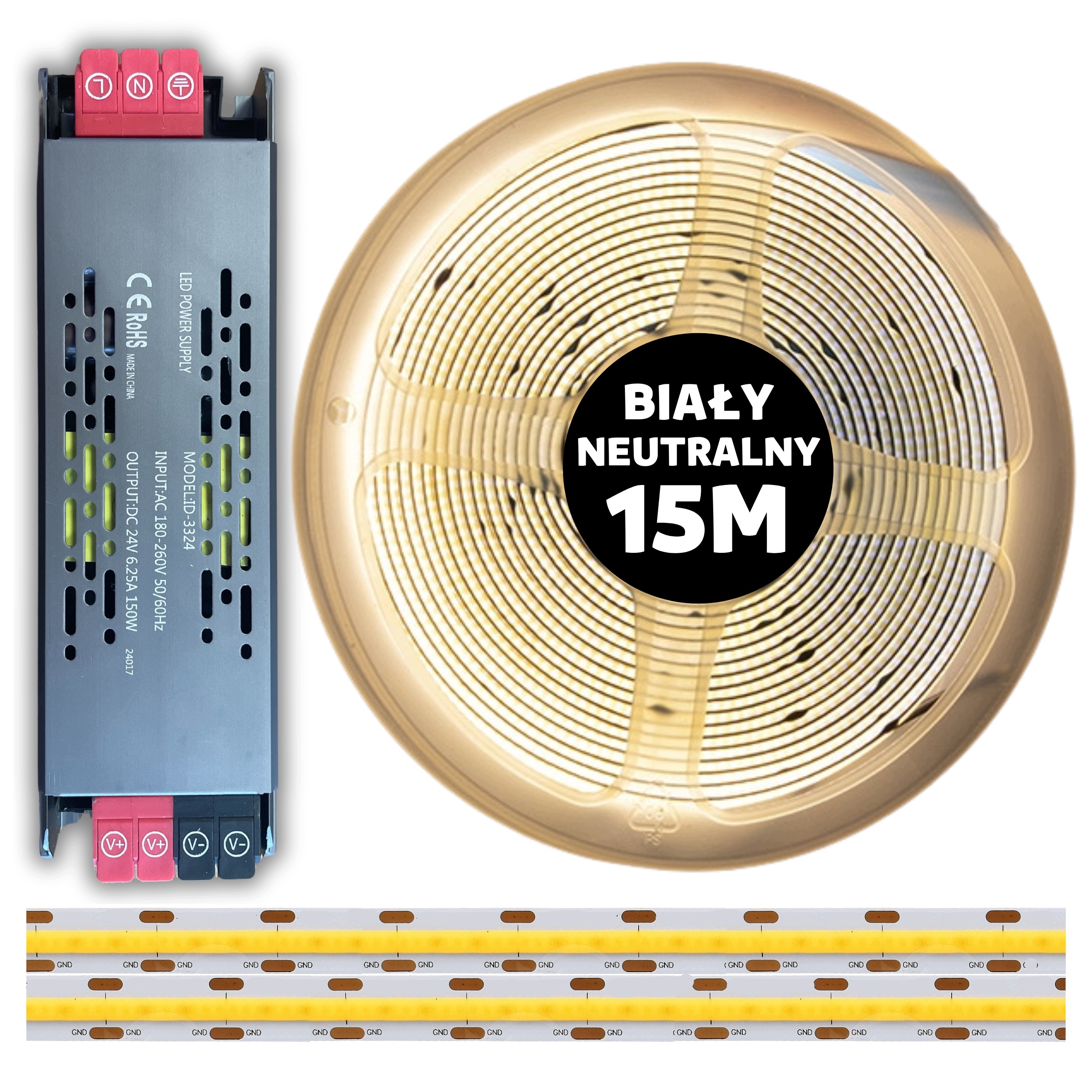 Set 15M Led pásek Cob 480 diod 4000K neutrální bílá 24V 10W napájecí zdroj