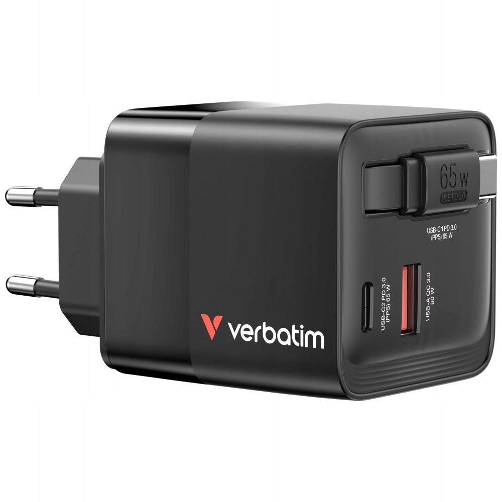 Verbatim Nabíjačka GaN 65W 2xUSB-C/USB-A adaptér Eu/uk/us čierny