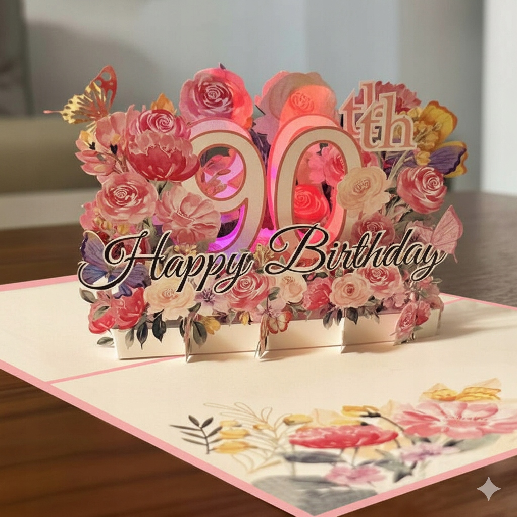 Hrající Přání 3D 90. Narozeniny Svítící Led Vystřelovací Dárek