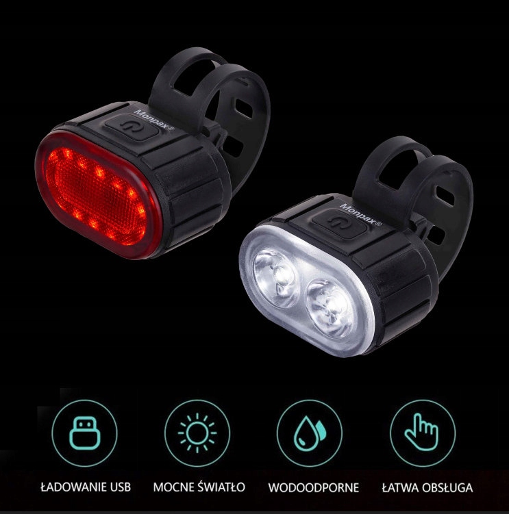 LAMPKA ROWEROWA PRZÓD TYŁ NA KIEROWNICĘ LED USB WODOODPORNA AKUMULATOR Marka Monpax