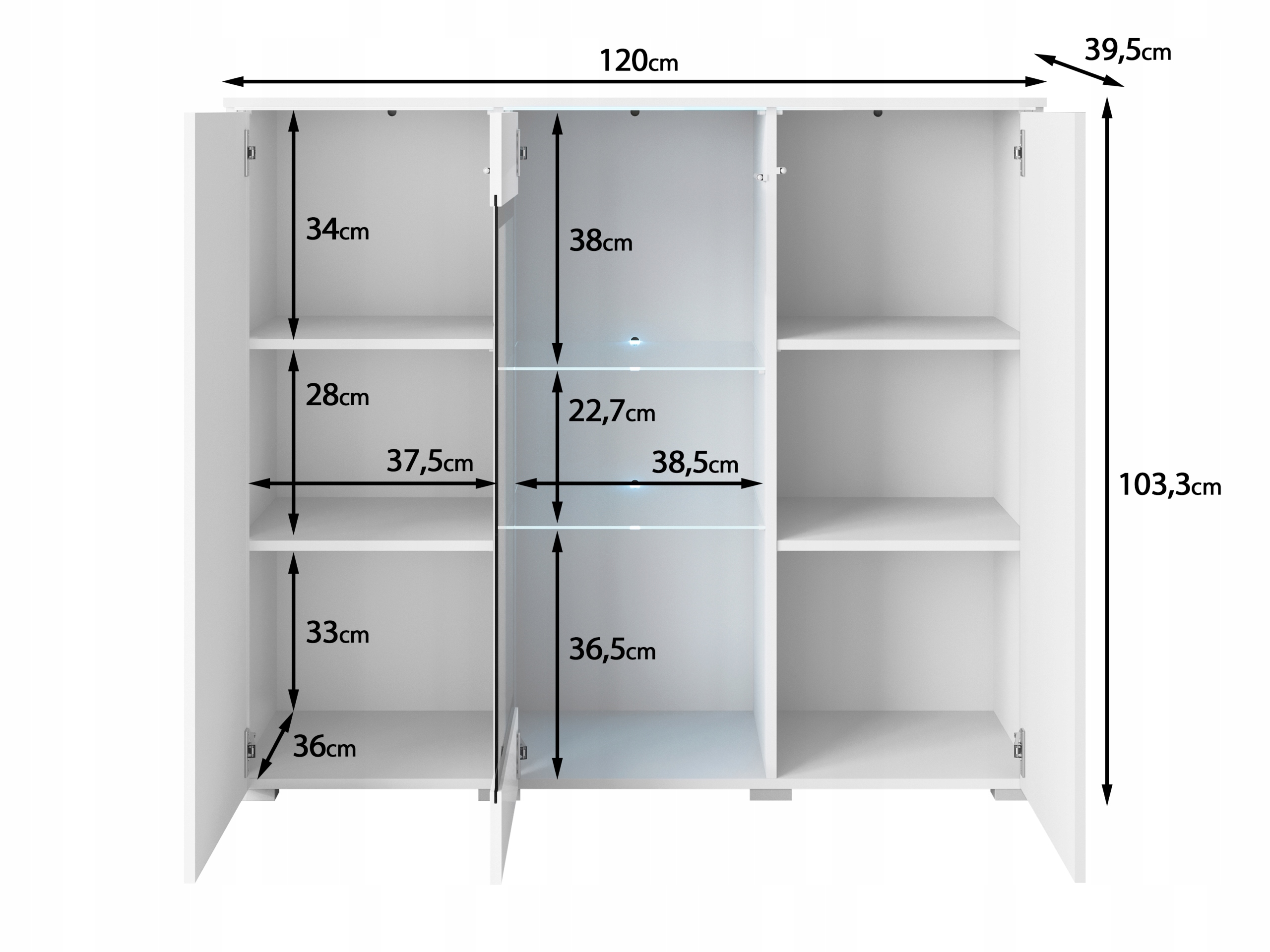 Nowoczesna szeroka witryna, highboard, komoda VERA 120 cm, szklane półki