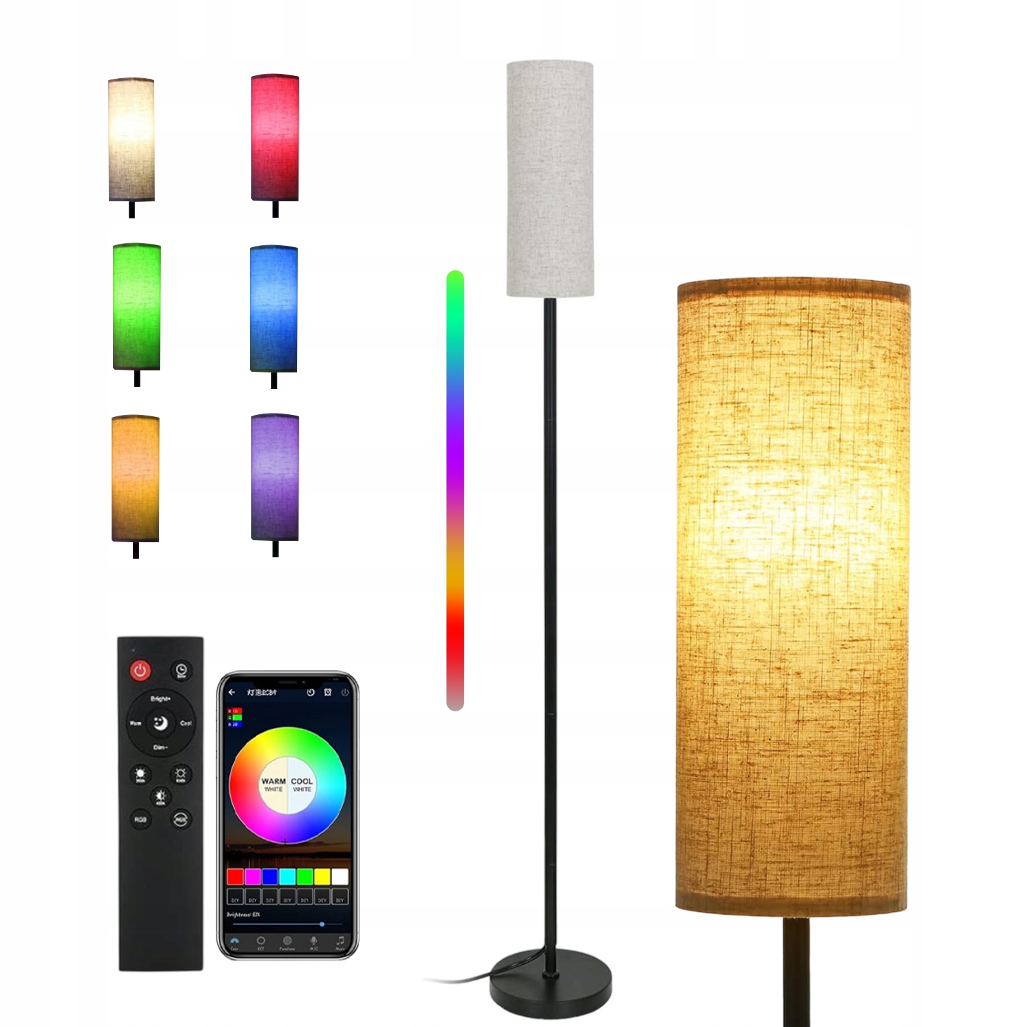 Rgb Stmívatelná Podlahová Lampa S Dálkovým Ovládáním Lněným Stínítkem, 172 CM, Noční Světlo