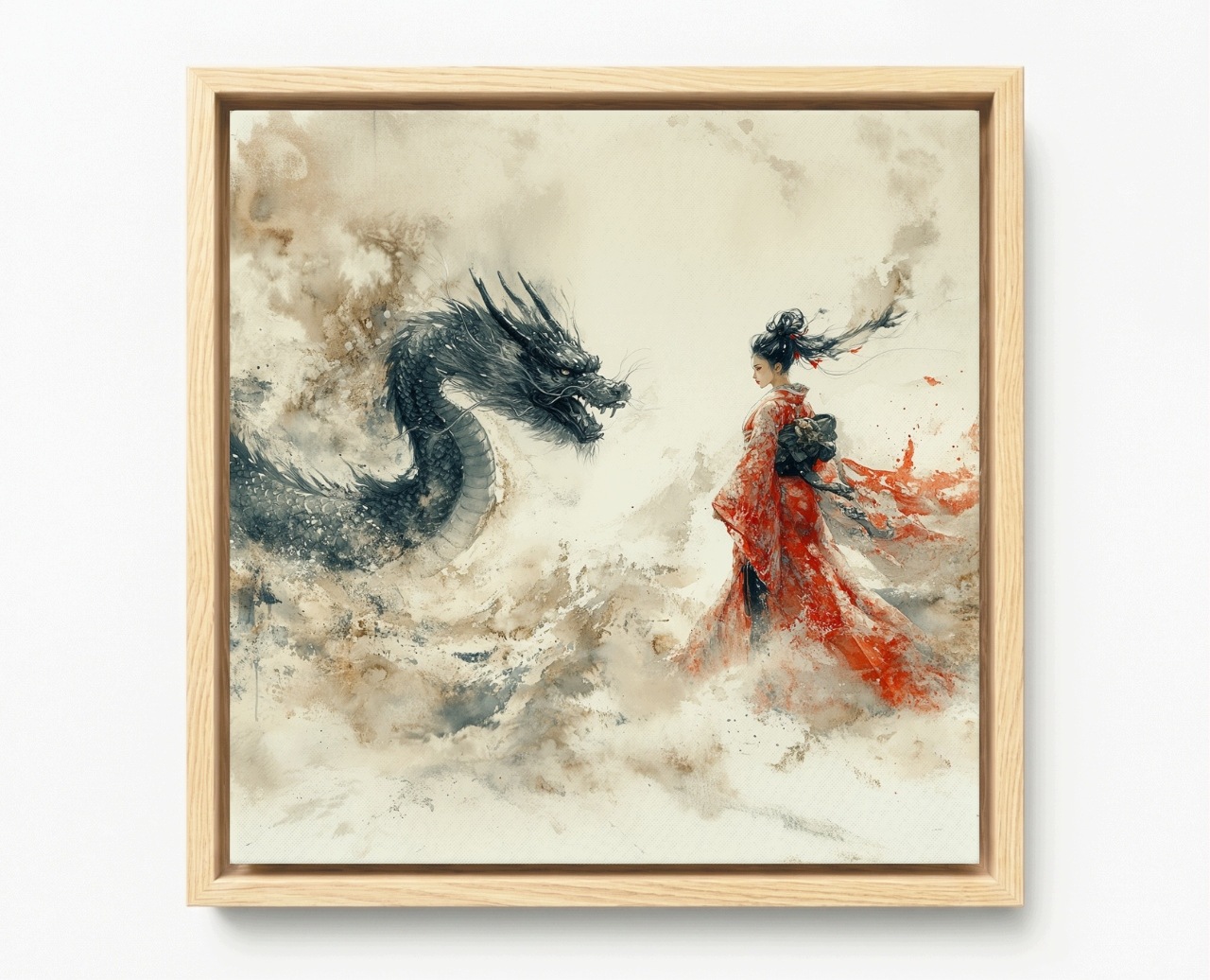 Obraz Rám American Box Japonsko Ázia Fantasy Bojovníčka Drak Gejša 60x60