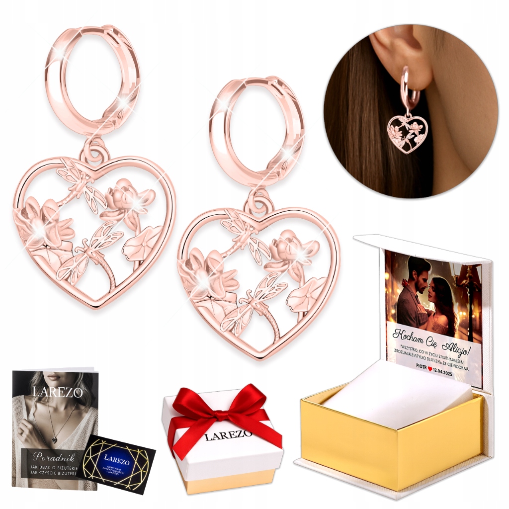 Pozlacené Náušnice 925 Vážky, srdíčka, kruhy s vážkou, Srdíčka, květy a motýli