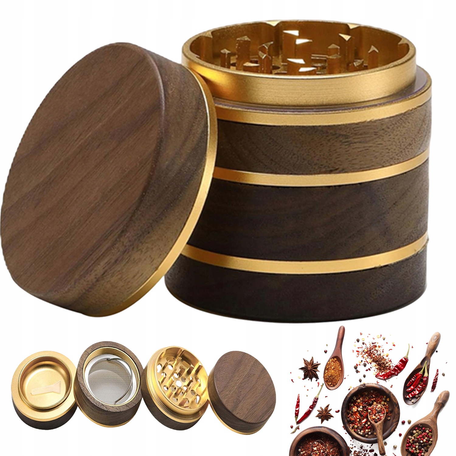 Zlatý Mlýnek Na Bylinky S Filtrem – Ruční Dřevěný Mlýn S Sběrnou Zásuvkou