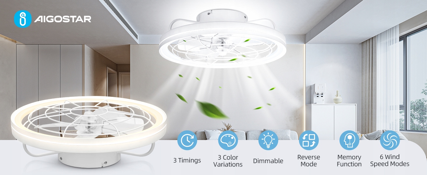 Wentylator sufitowy Aigostar z pilotem do LED Timer biały 60W 6500K Funkcje oscylacja timer