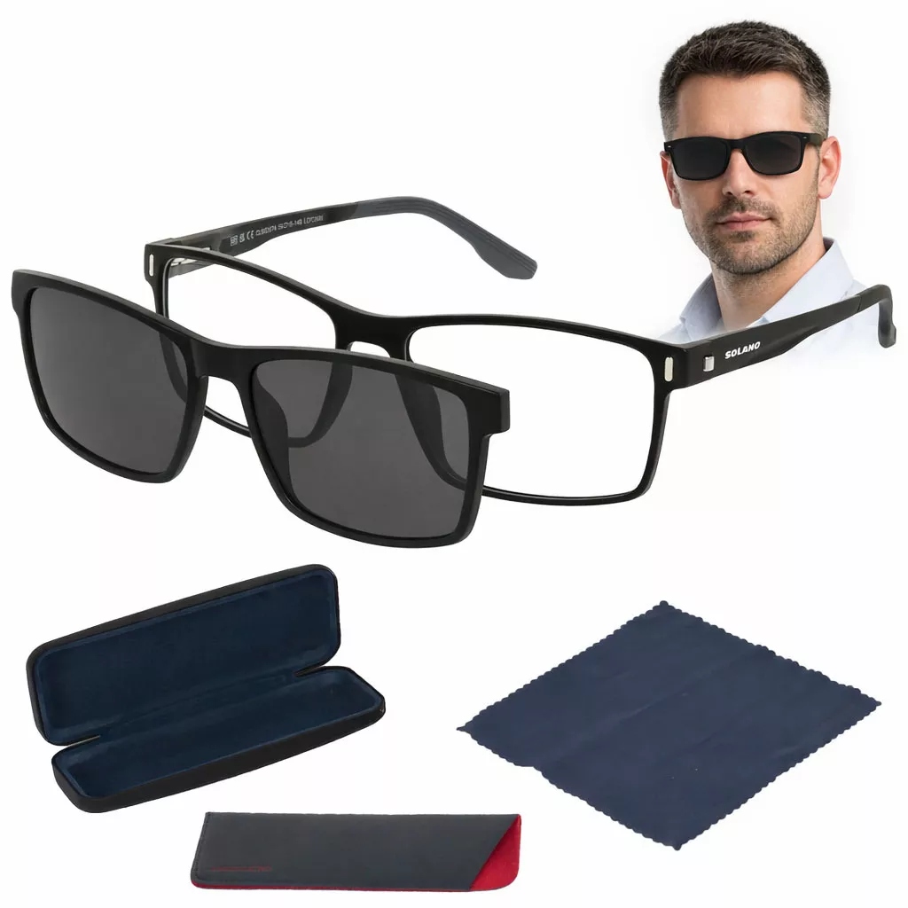 Czarne Męskie okulary korekcyjne CL90287A z nakładką clip-on polaryzacja