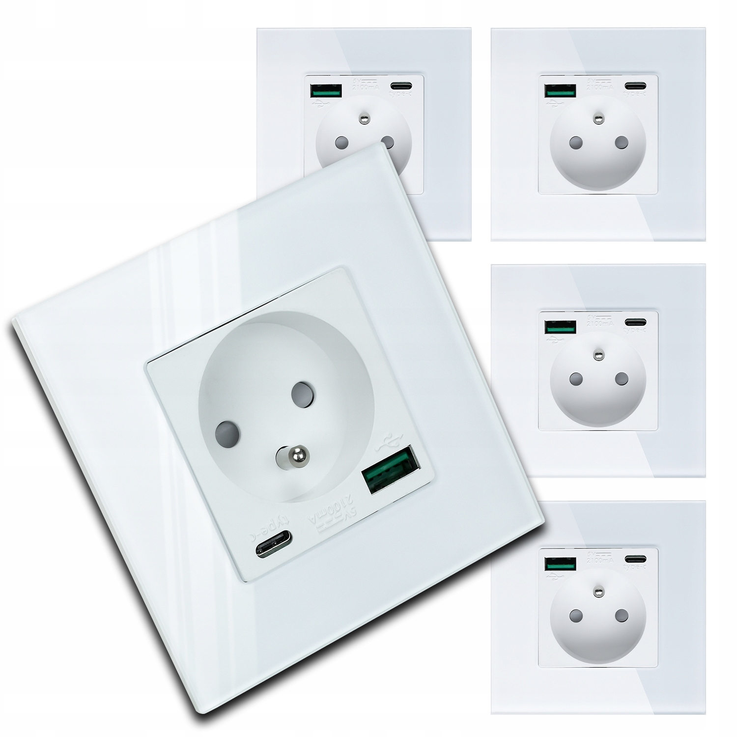 5 x Skleněná Bílá Elektrická Zásuvka Nástěnný Kontakt Usb Nabíječka
