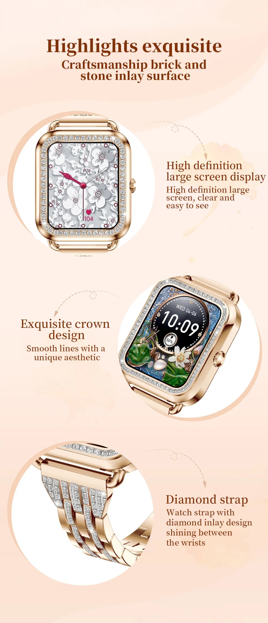 Smart Watch Heart Rate Blood Monitor Pressure Kolor dominujący złoty