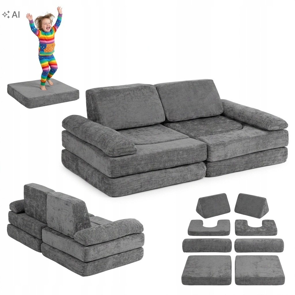 Sofa Modułowa Dla Dzieci 2-osobowa 10szt Miękkich Poduch Składana Szara
