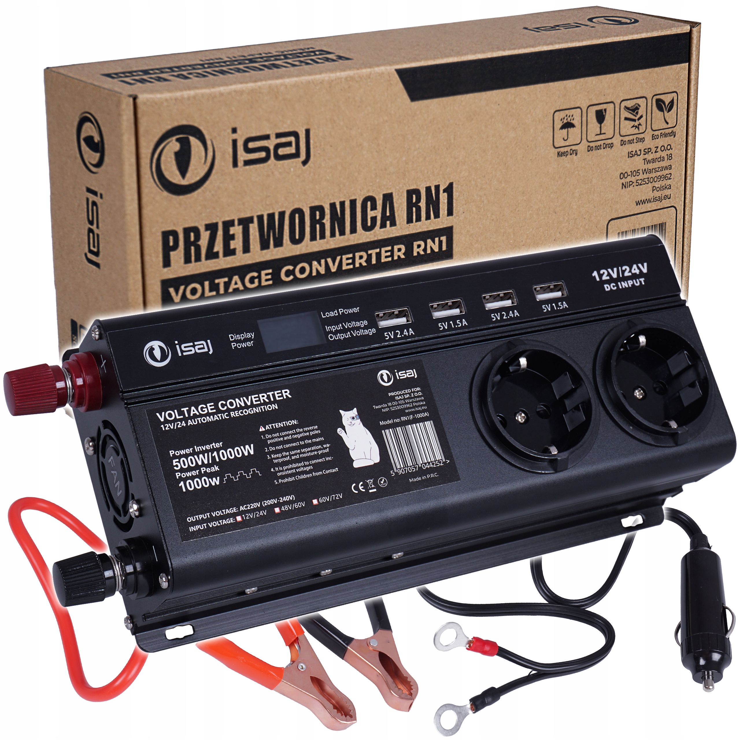 Przetwornica ISAJ RN1 12V 24V 230V samochodowa inwerter 500W 1000W USB