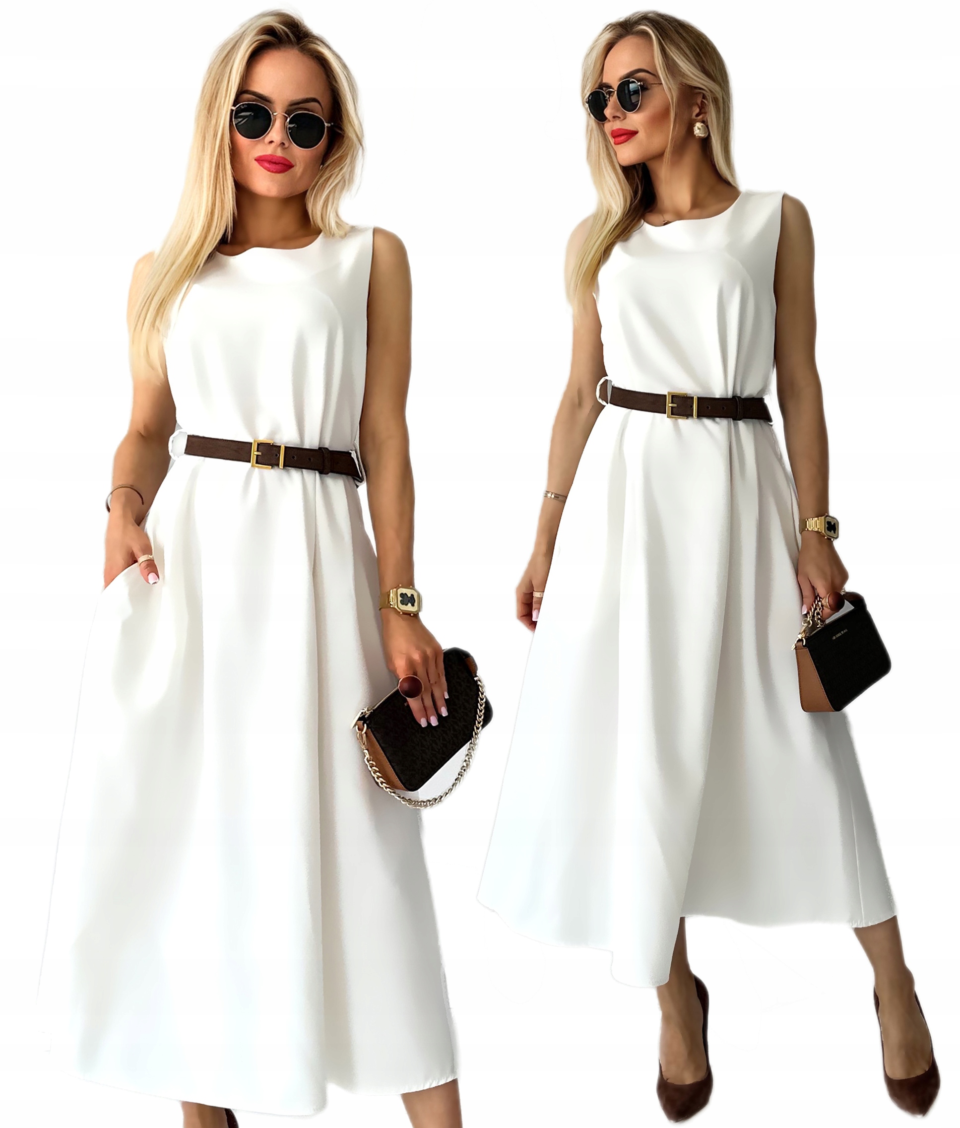 Elegantní Šaty s rozšířenými kapsami a pásek Premium S Dolores