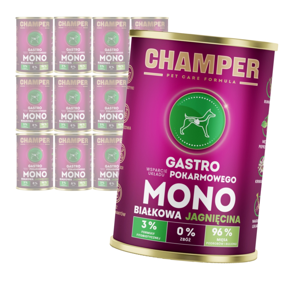 Levně Champer Gastro 12x400g Monoproteinové Vlhké Krmivo pro psy s jehněčím masem