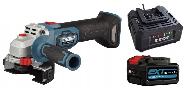 Szlifierka kątowa Erbauer 18 V tarcza 125 mm Akumulator 4 ah Ładowarka
