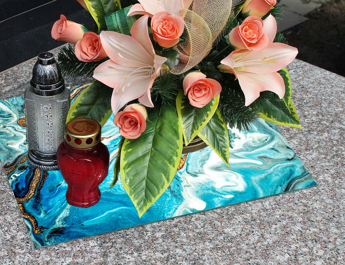 Podstawka na CMENTARZ pod ZNICZE Szkło Hartowane POMNIK 60x52cm MARMUR Motyw inny