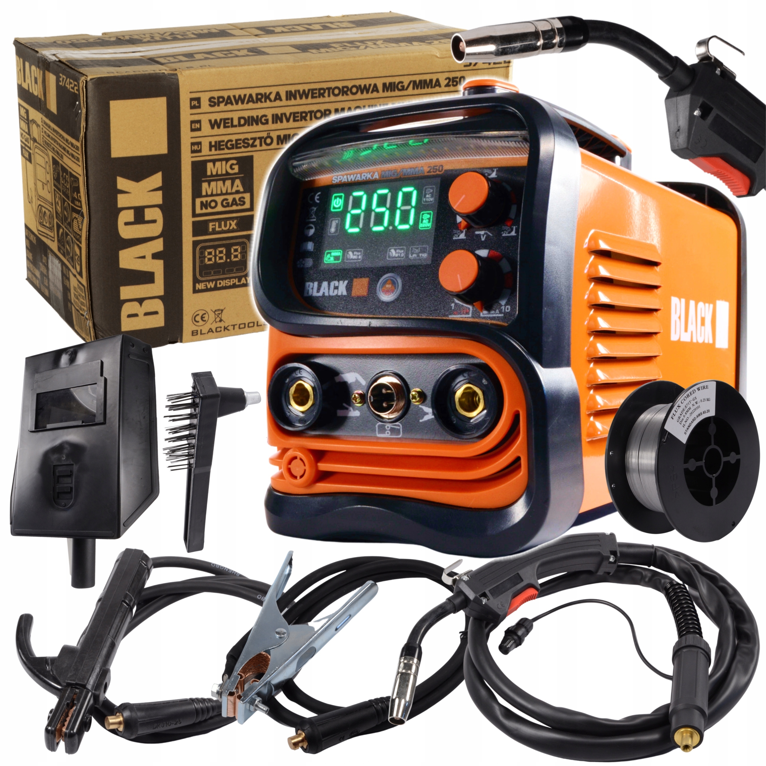 SPAWARKA MIGOMAT BEZGAZOWY INWERTOROWY FLUX MIG MAG MMA 250A EURO LCD IGBT