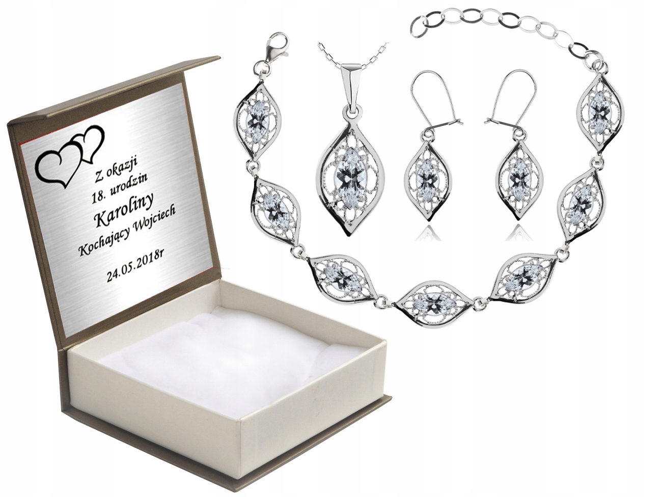 

Komplet Biżuterii Srebrnej Z Cyrkoniami + Grawer