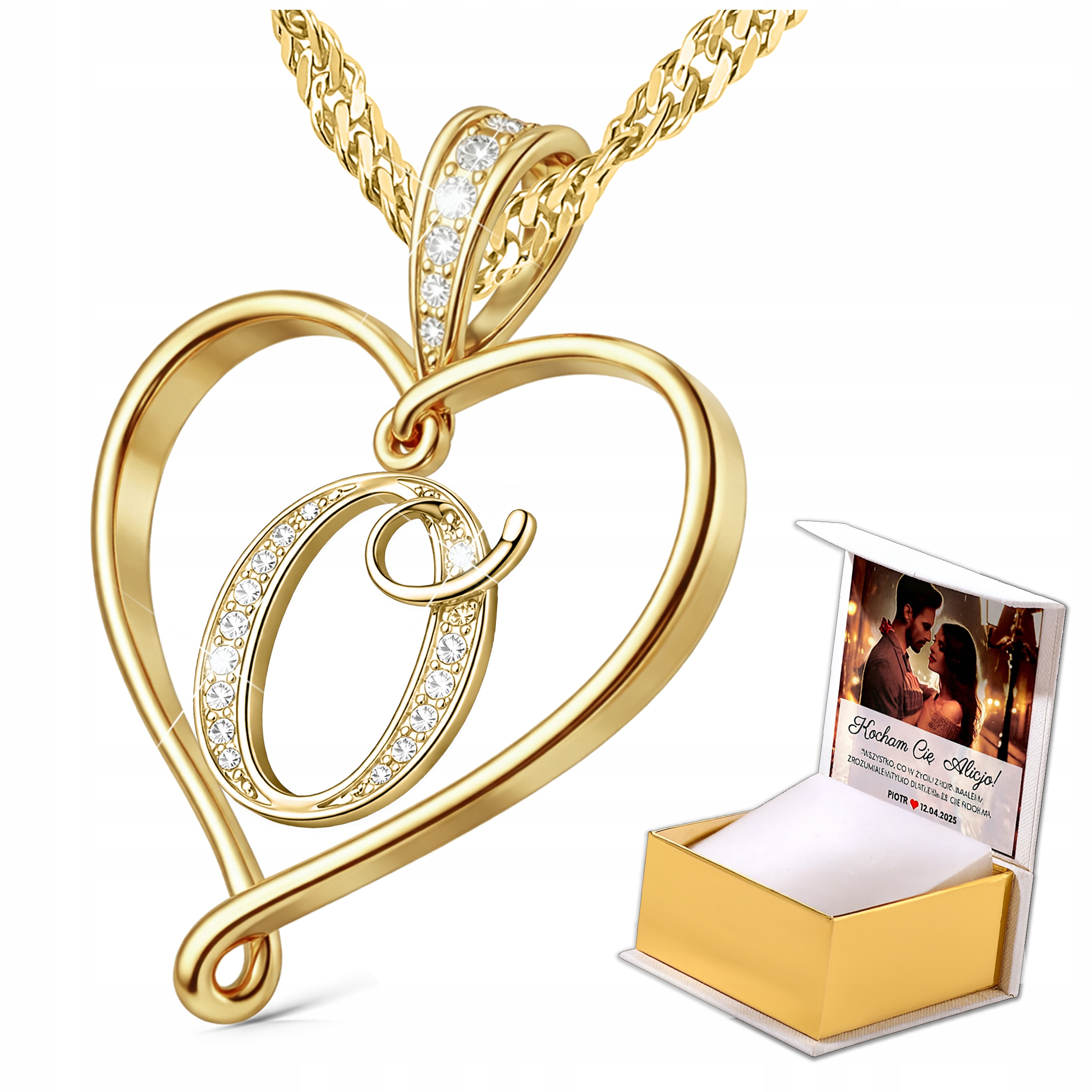 Zlatý náhrdelník s písmenem písmenka o srdci, iniciály Zirkony Stříbro Potisk