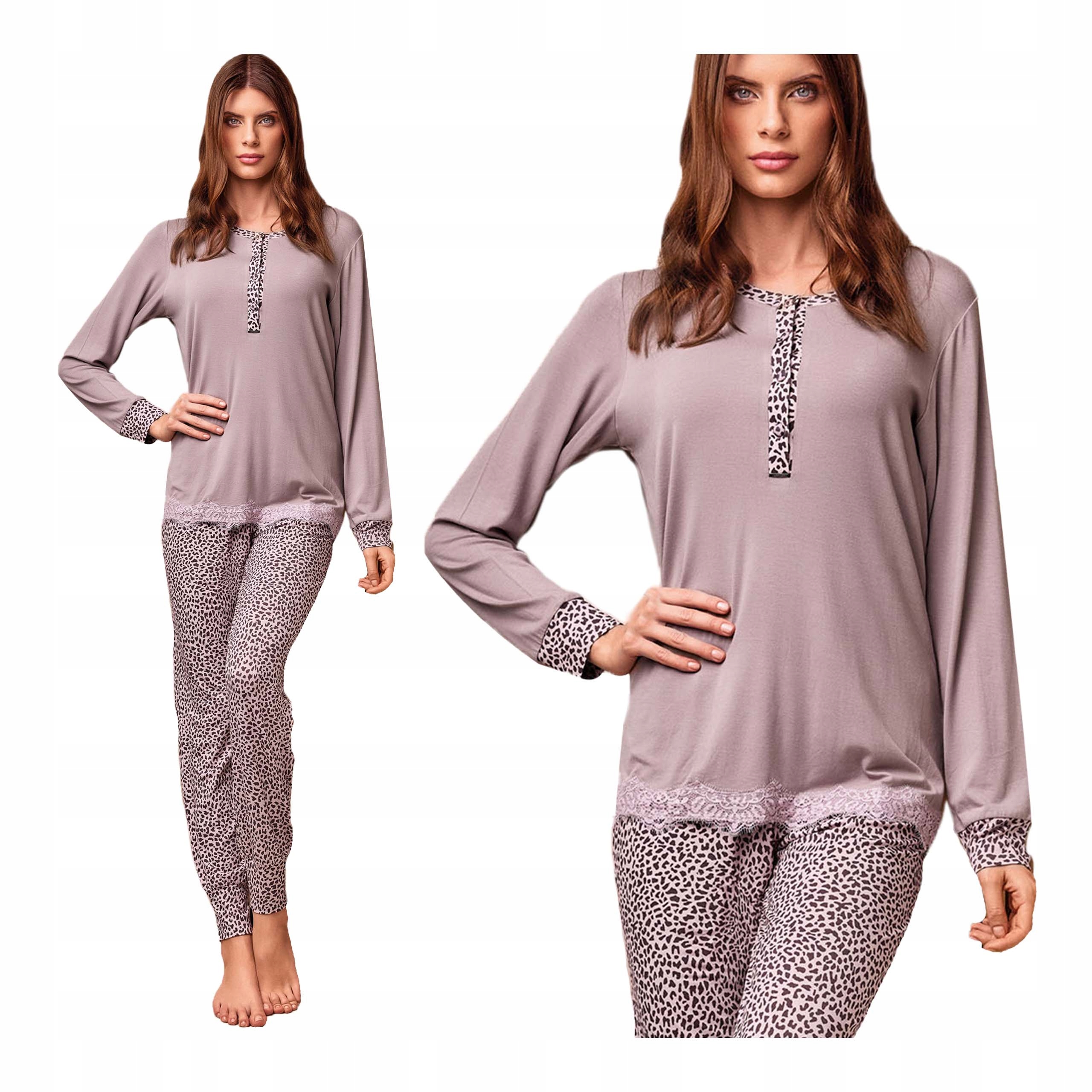 Dámské dvoudílné pyžamo s dlouhým rukávem s leopardím vzorem, růžové Lormar, velikost XL