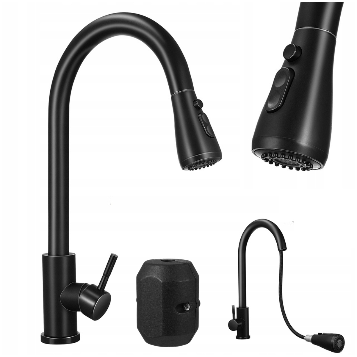 Kranik kuchenny, stojący, czarny, wyciągana wylewka, elastyczny kranik