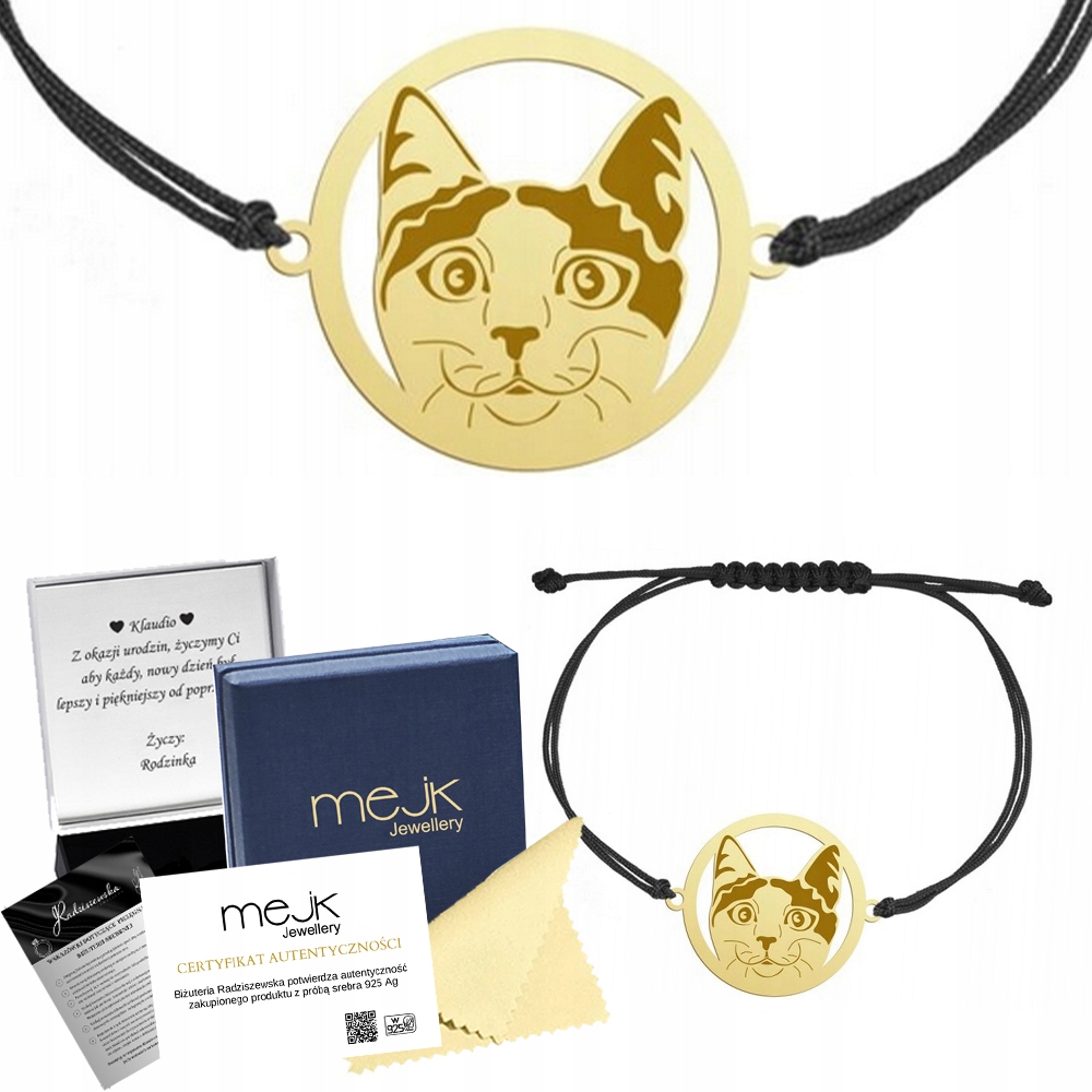 Zlatý náramek s kočkou Japonský Bobtail 925 Šňůrka Šperky Gravírování