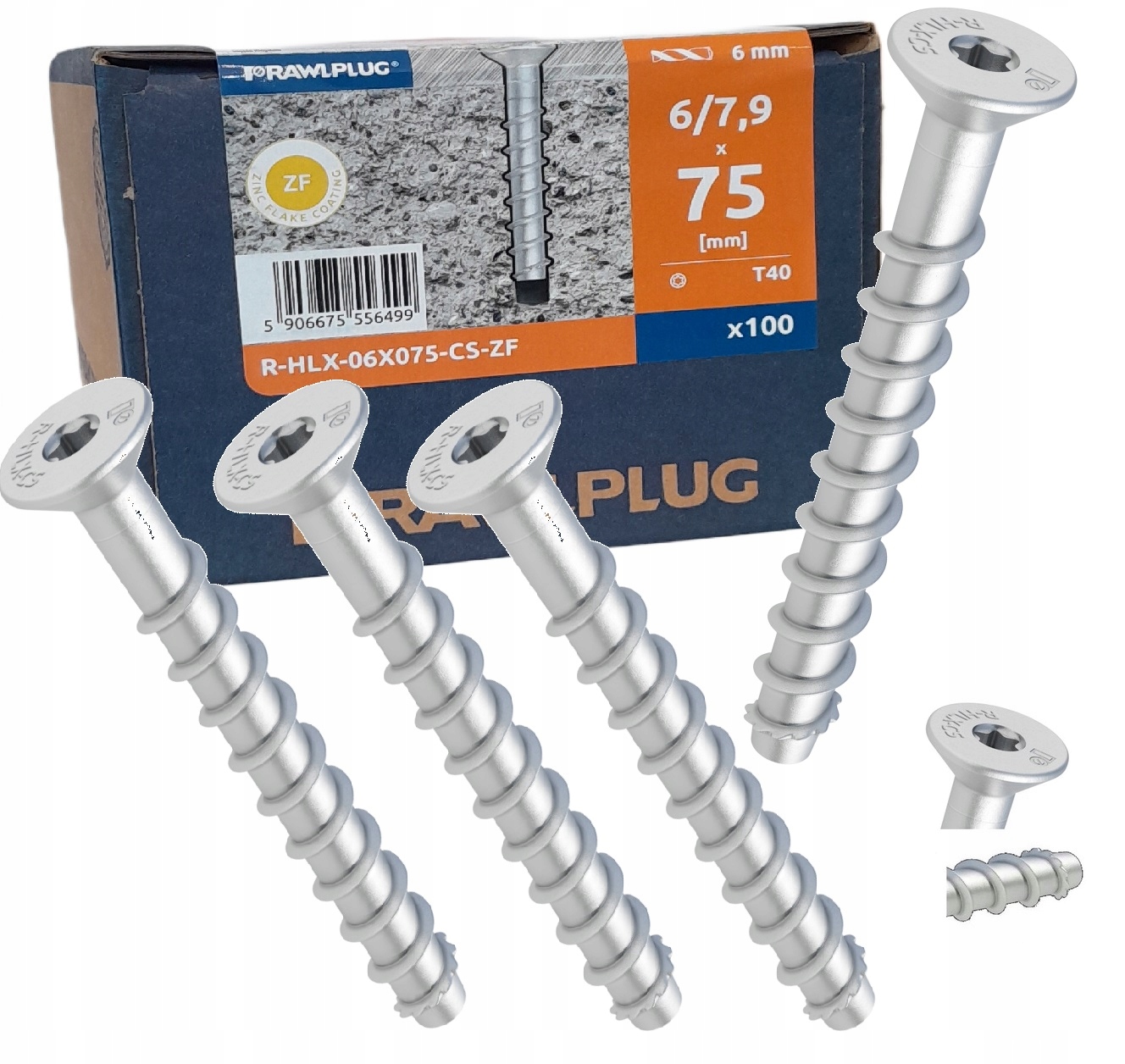 Rawlplug Wkrety śruby do betonu wpuszczane R-xlx 6x75mm 7,9 100szt T40