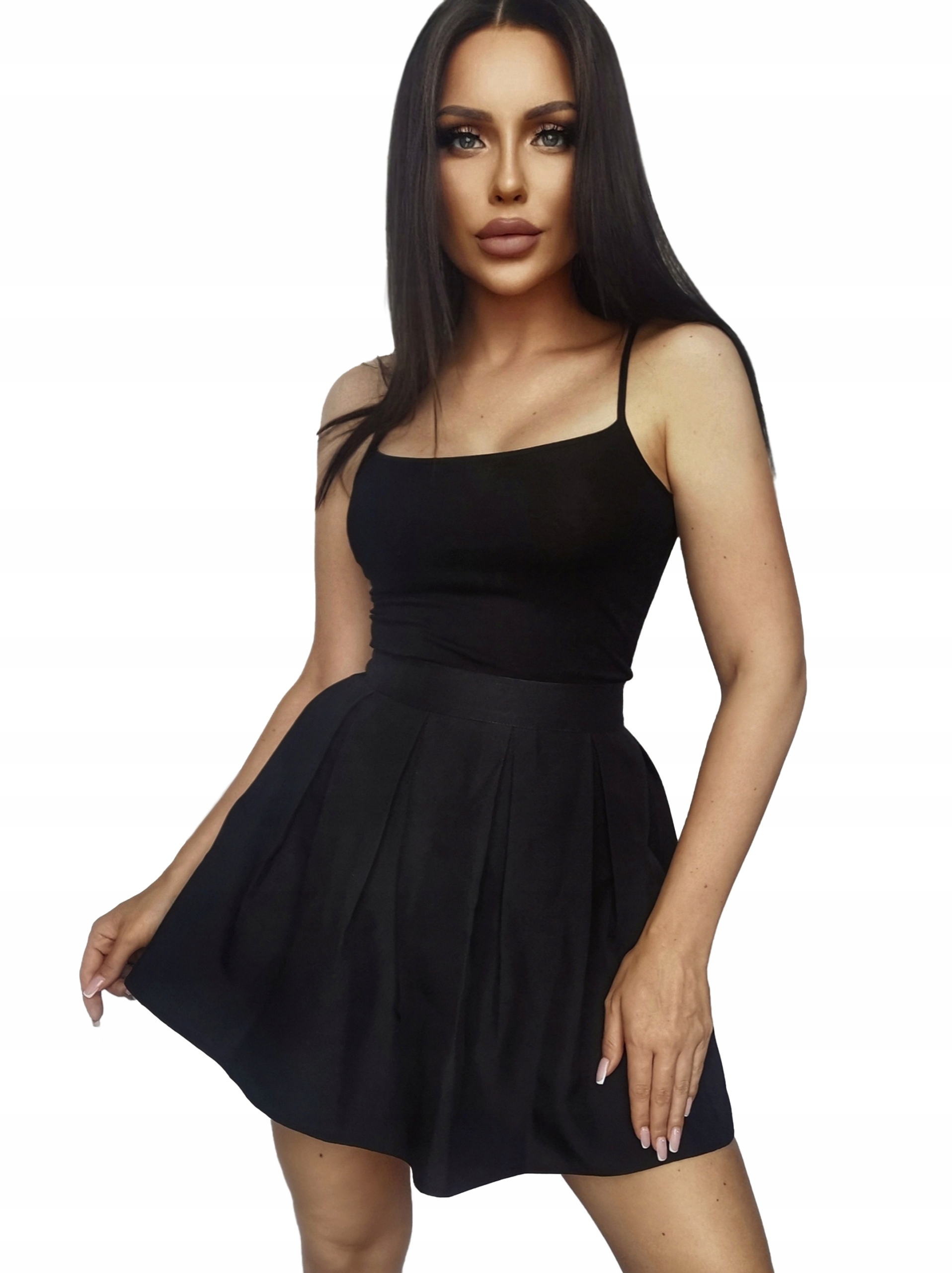 Modna CZARNA SPÓDNICZKA ROZKLOSZOWANA w ZAKŁADKI na ZAMEK rozmiar S Wzór dominujący bez wzoru