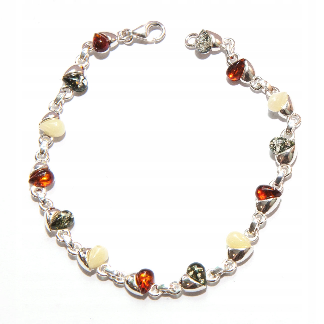 Stříbrný náramek s jantarem stříbro 925 srdíčka srdce různé barvy