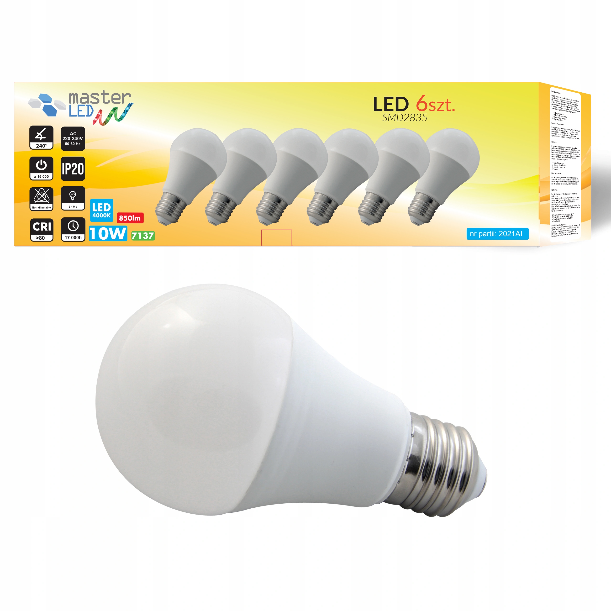 

Zestaw 6x Żarówka Led E27 1050lm 12W kula A60 230V