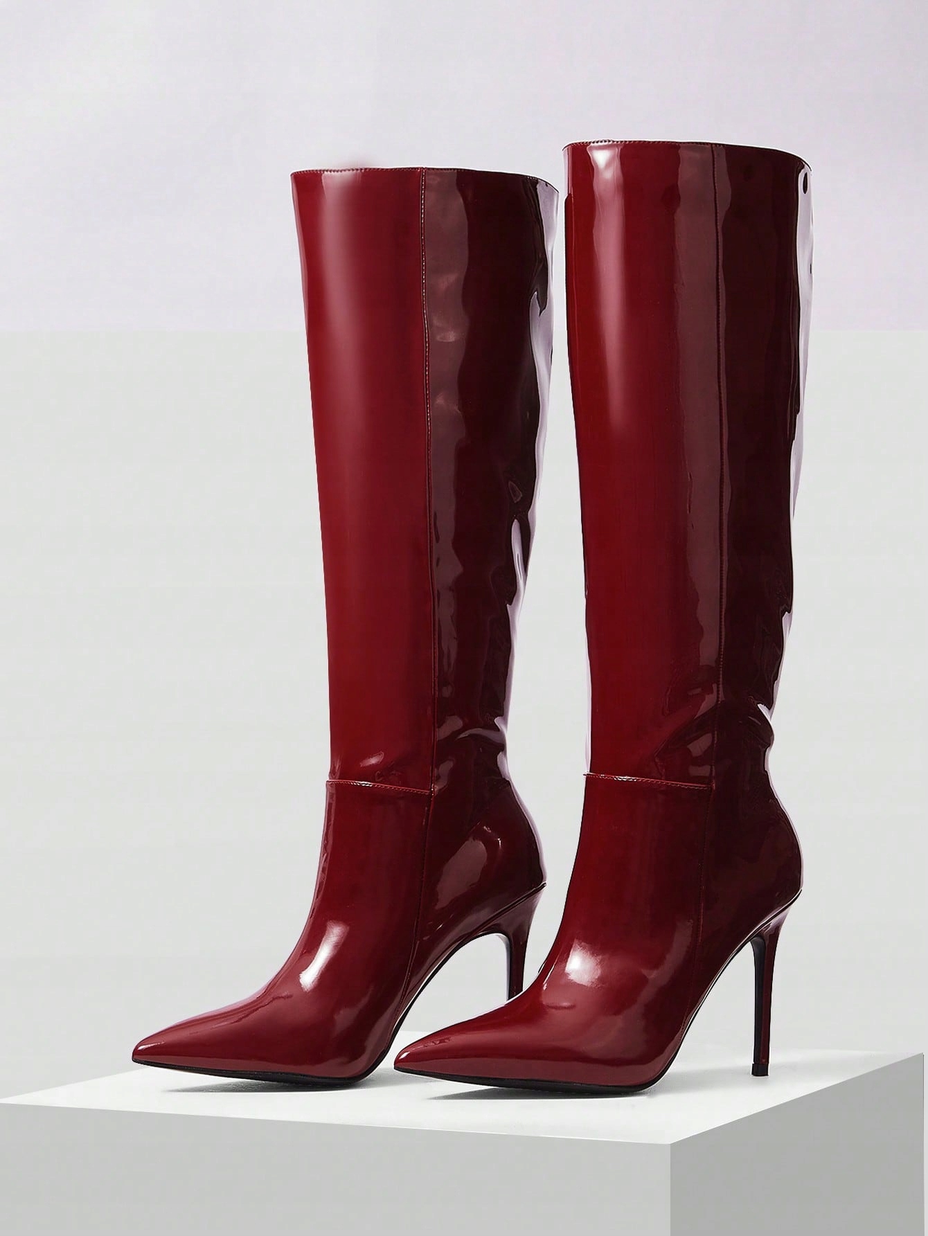 Dámské Kozačky Lakované Vínově Červené Na Špici, Elegantní Shein 40